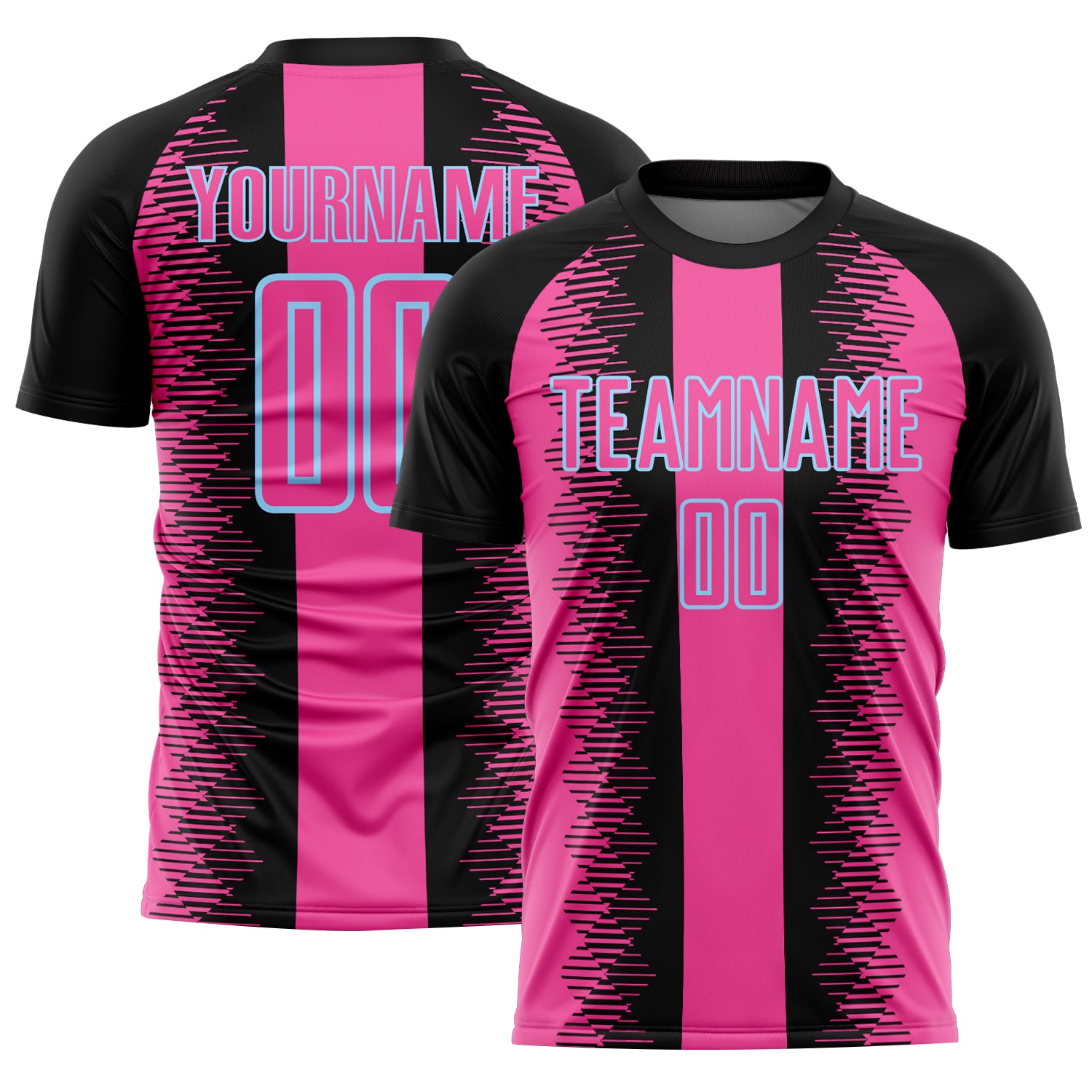 Custom Black Pink-Light Blue Zigzag Diamond Stripe Sports Sublimation Soccer Uniform Jersey