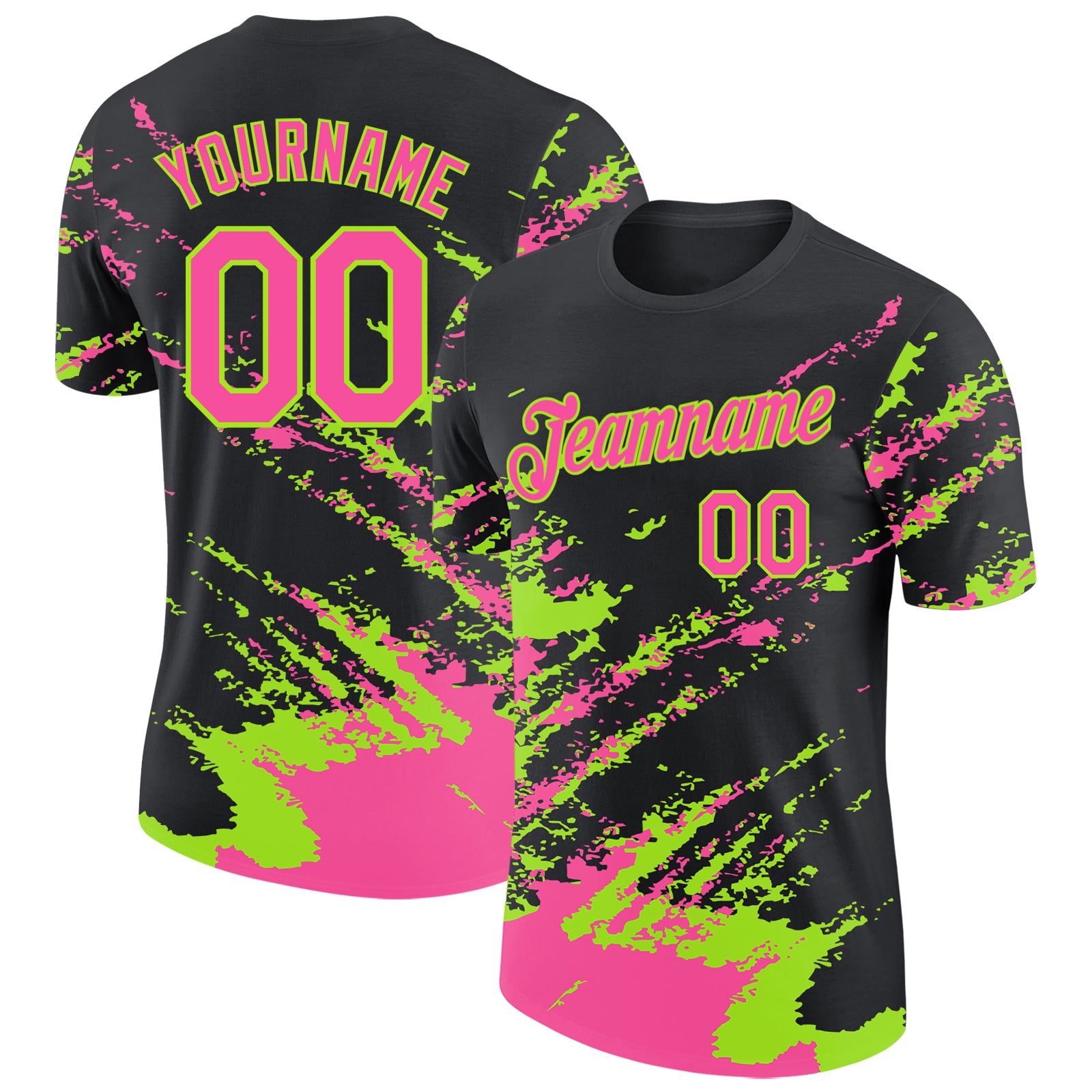 Custom Black Pink-Neon Green Brush Stroke Shatter Splatter Performance T-Shirt