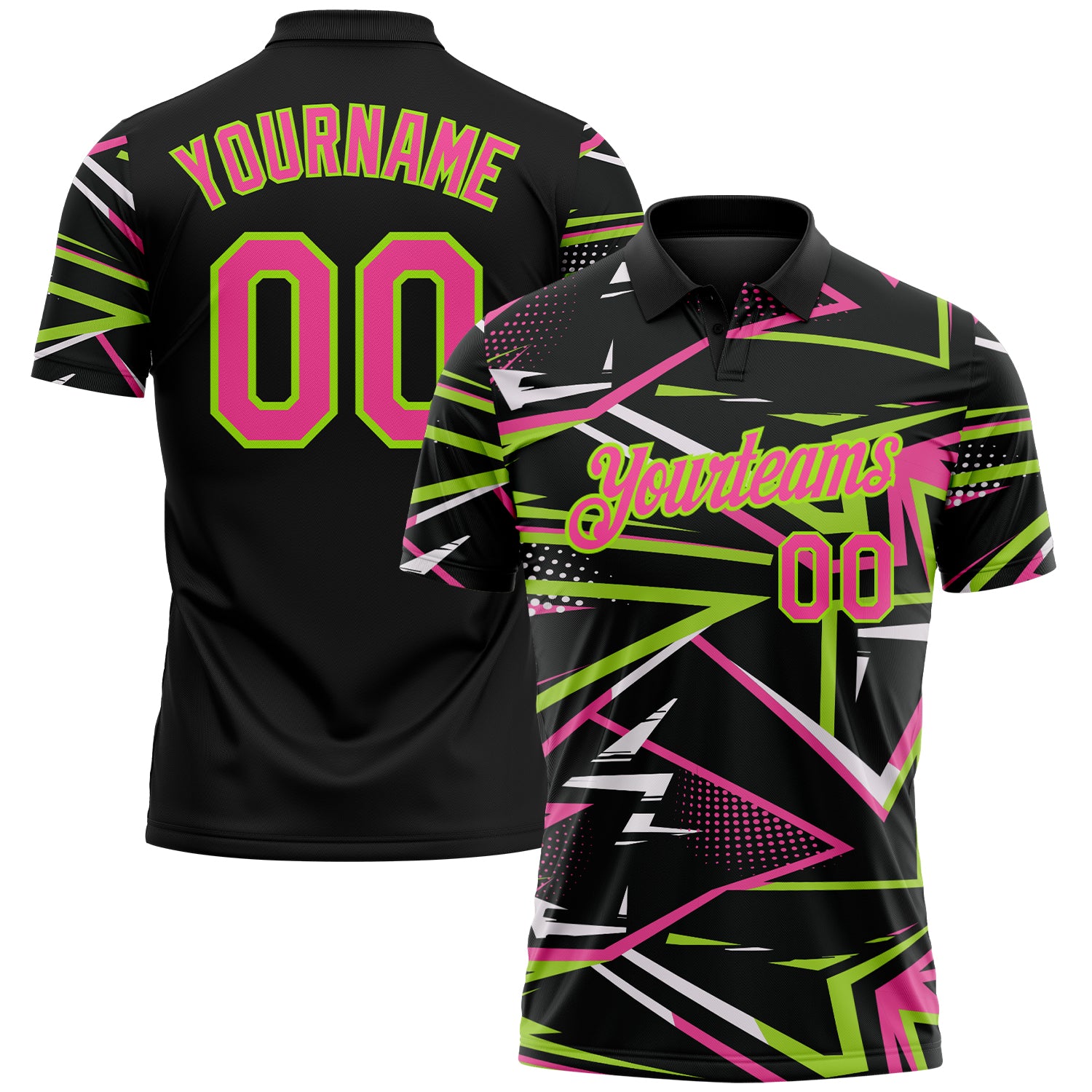 Custom Black Pink-Neon Green Dynamic Geometric Shard Performance Polo Shirt