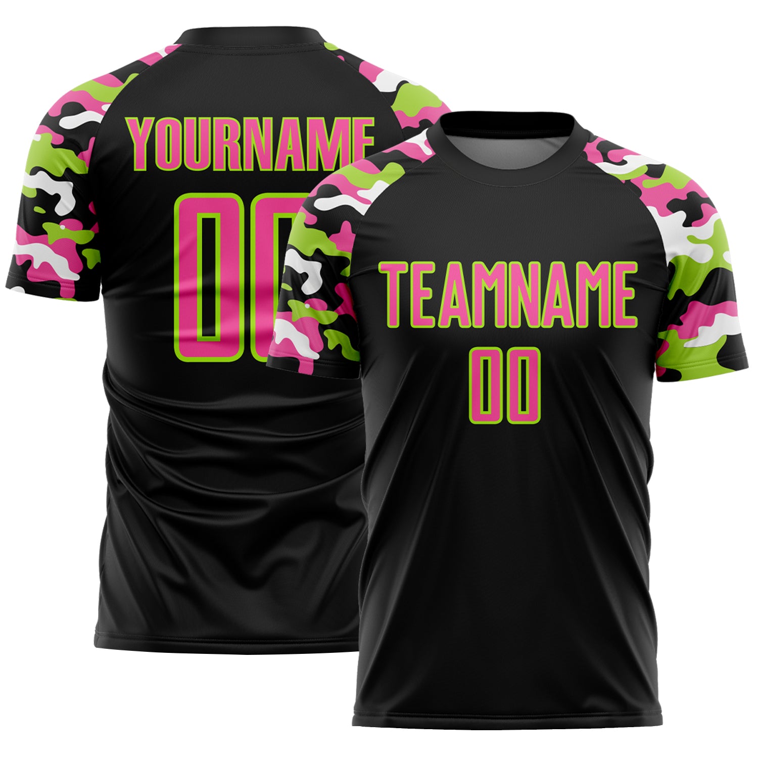 Custom Black Pink Neon Green-White Digital Camo Raglan Sleeves Sublimation Soccer Uniform Jersey