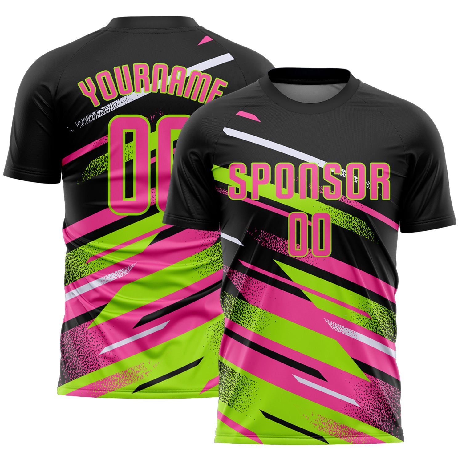 Custom Black Pink Neon Green-White Grunge Stripe And Grainy Sports Sublimation Soccer Uniform Jersey