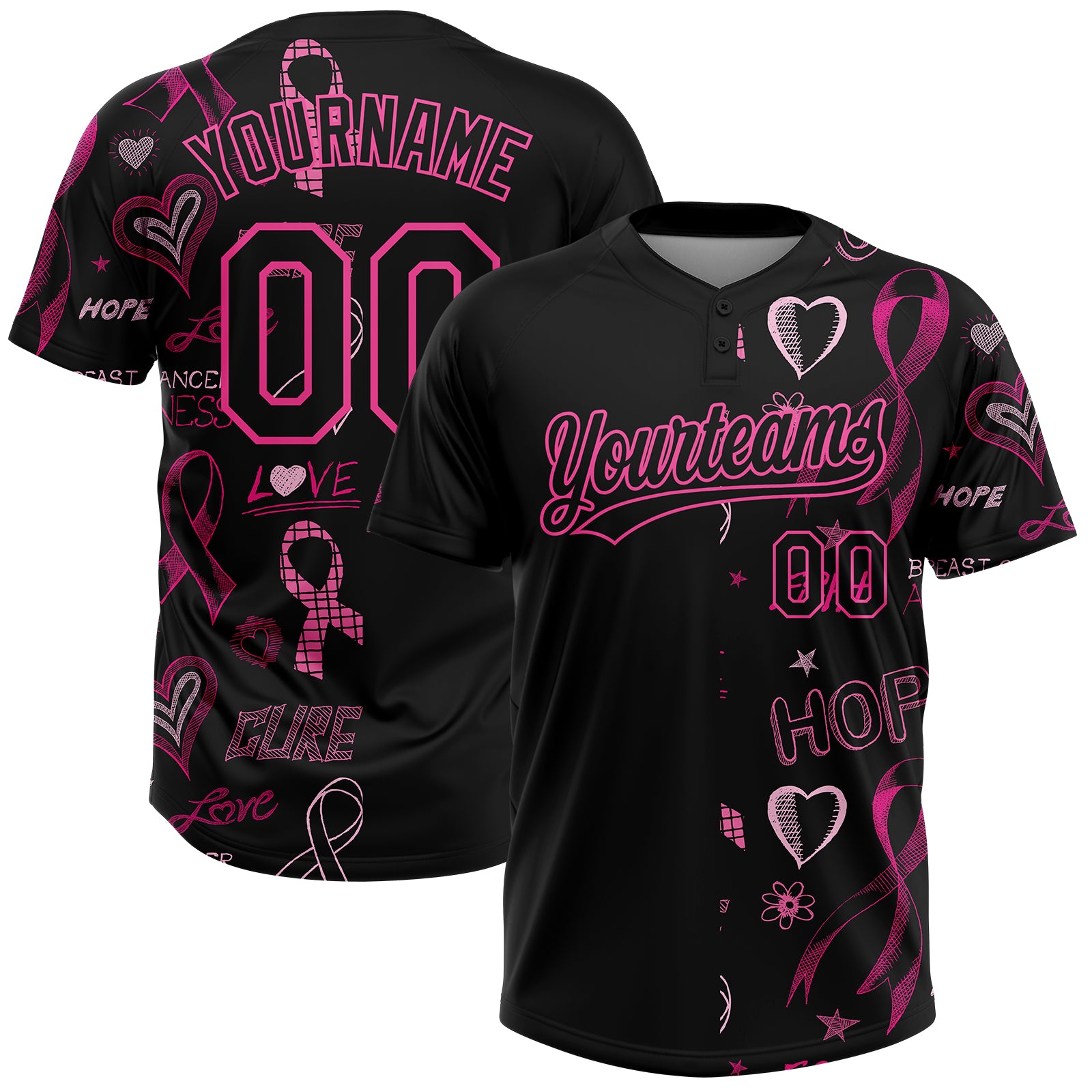 Custom Black Pink Pink Ribbon Breast Cancer Awareness Month Women Health Care Support Two-Button Unisex Softball Jersey