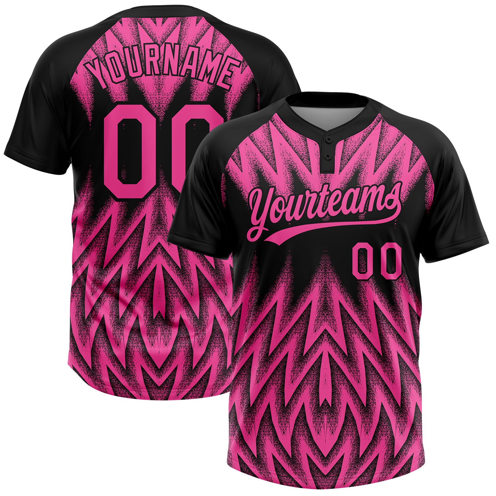Custom Black-Pink Raglan Sleeves Abstract Geometric Chevron Zigzag Two-Button Unisex Softball Jersey