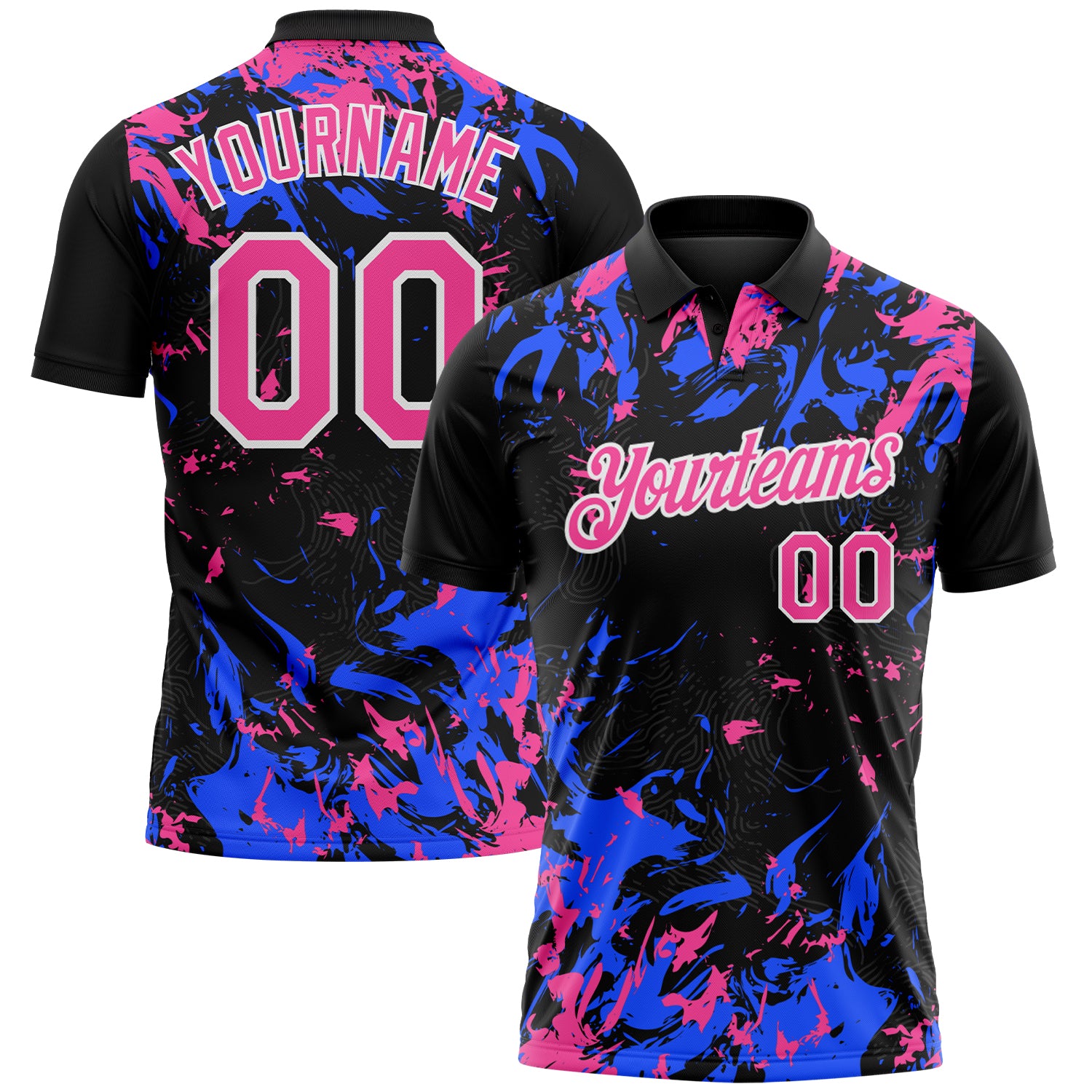 Custom Black Pink Royal-White Dynamic Splatter Brush Stroke Performance Polo Shirt