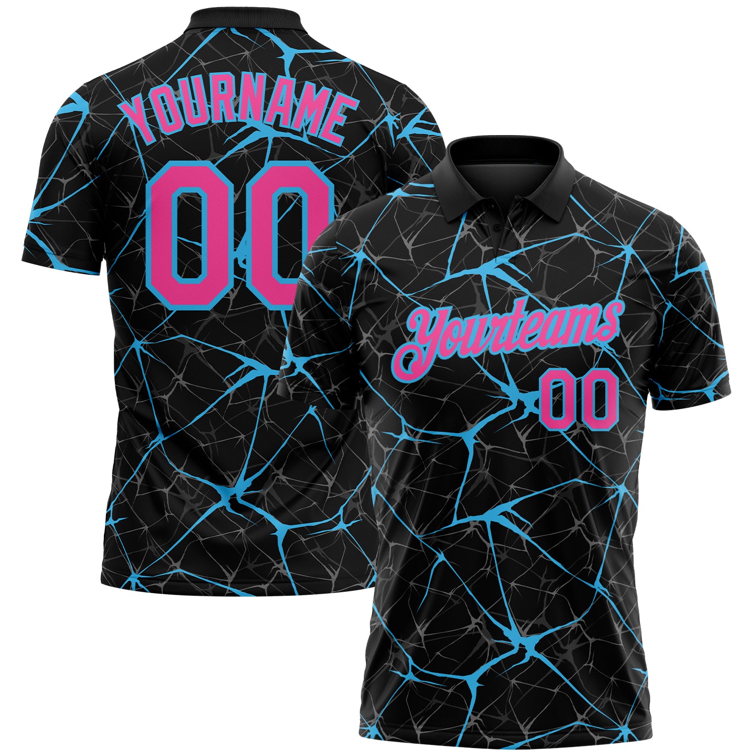 Custom Black Pink-Sky Blue 3D Pattern Abstract Network Crackle Performance Polo Shirt