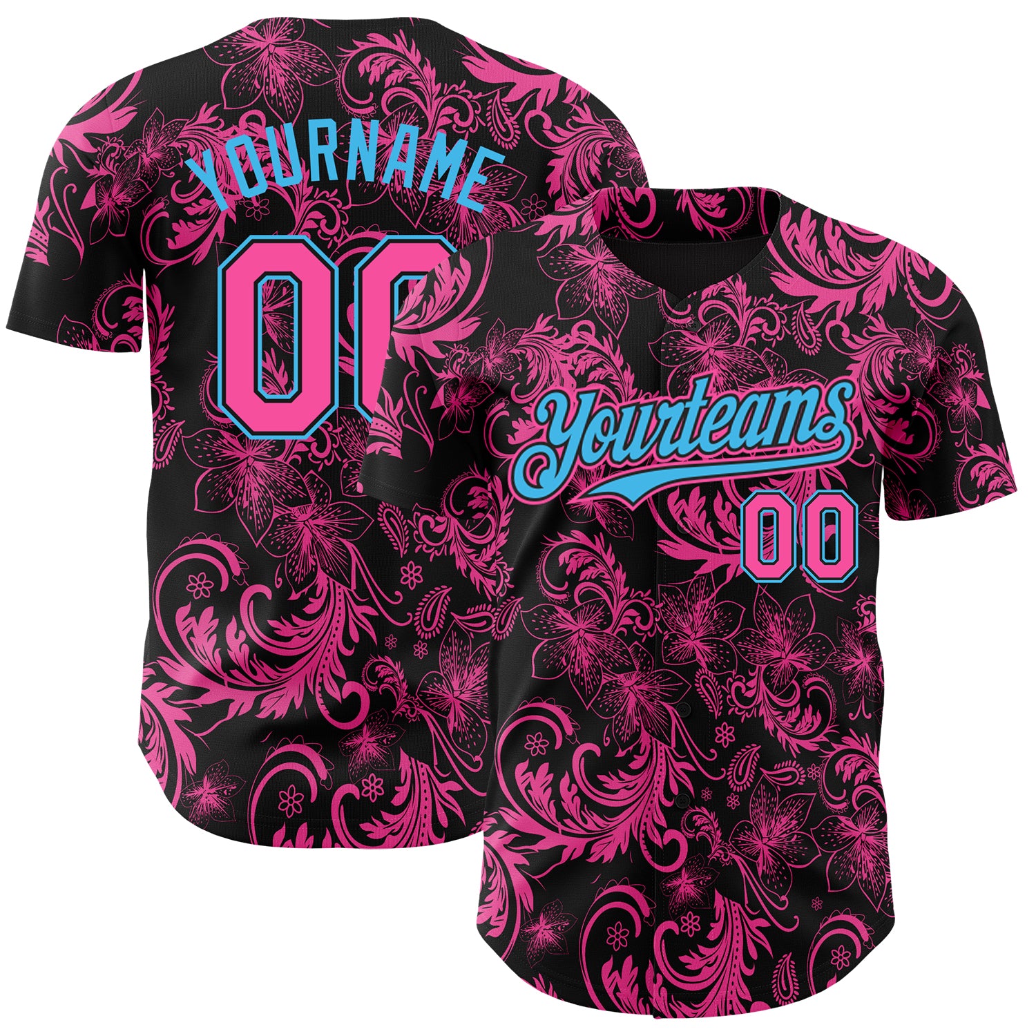Custom Black Pink-Sky Blue 3D Pattern Design Flower Authentic Baseball Jersey