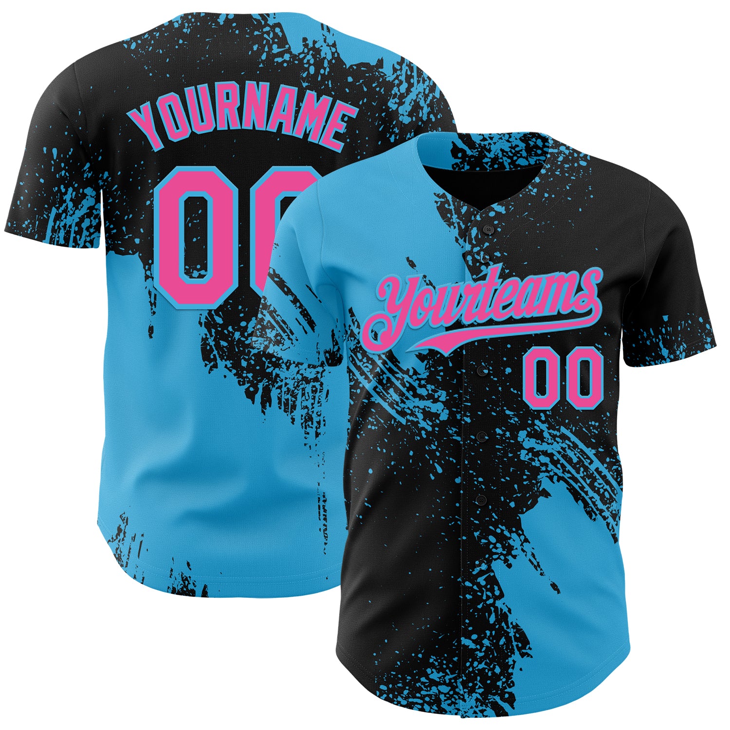 Custom Black Pink-Sky Blue Abstract Brush Stroke Authentic Baseball Jersey
