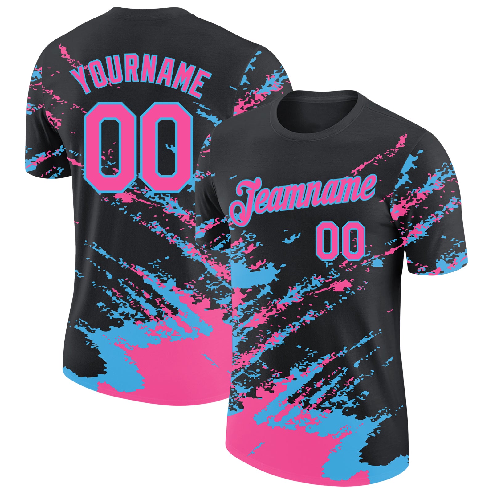 Custom Black Pink-Sky Blue Brush Stroke Shatter Splatter Performance T-Shirt