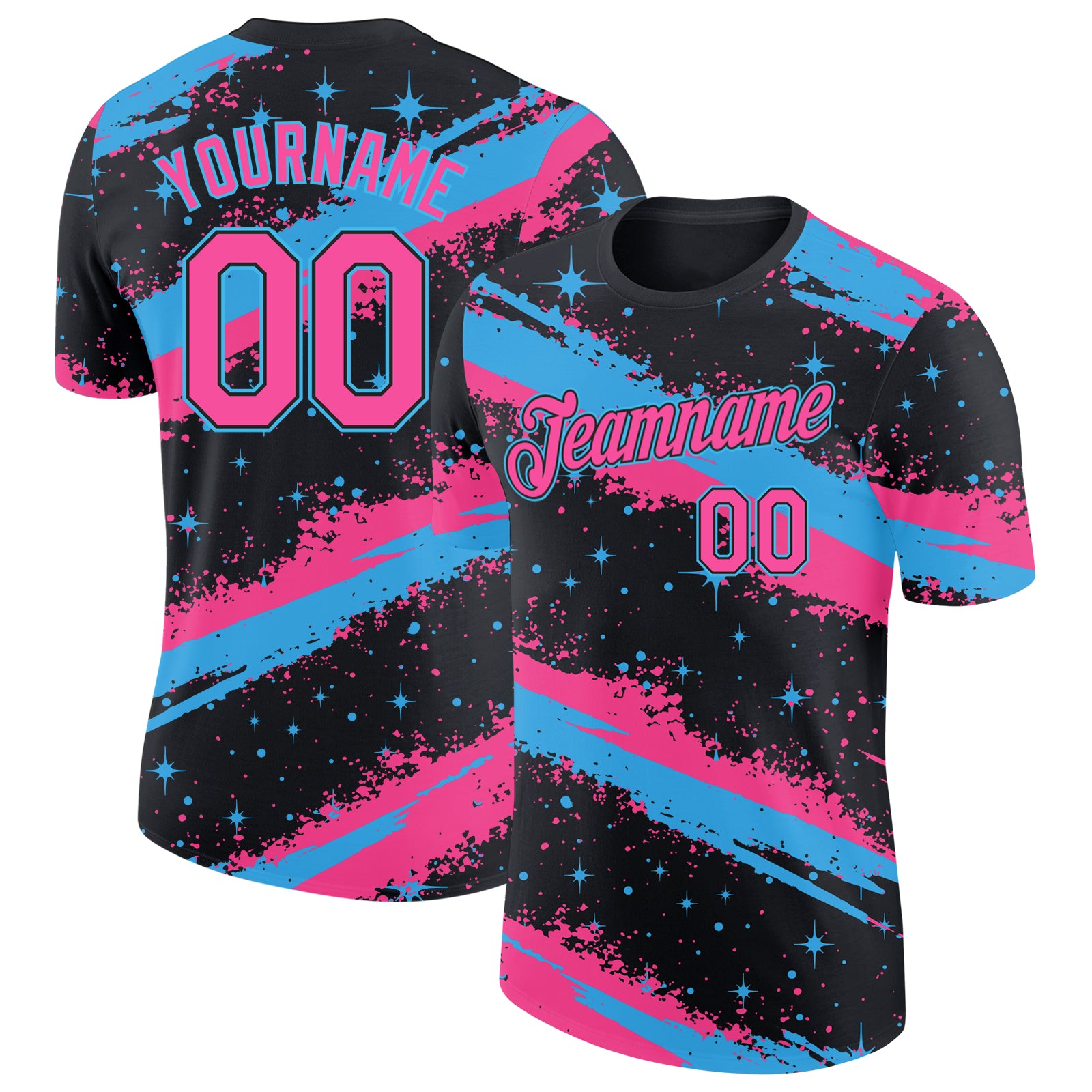 Custom Black Pink-Sky Blue Brush Stroke Splatter Starburst Performance T-Shirt