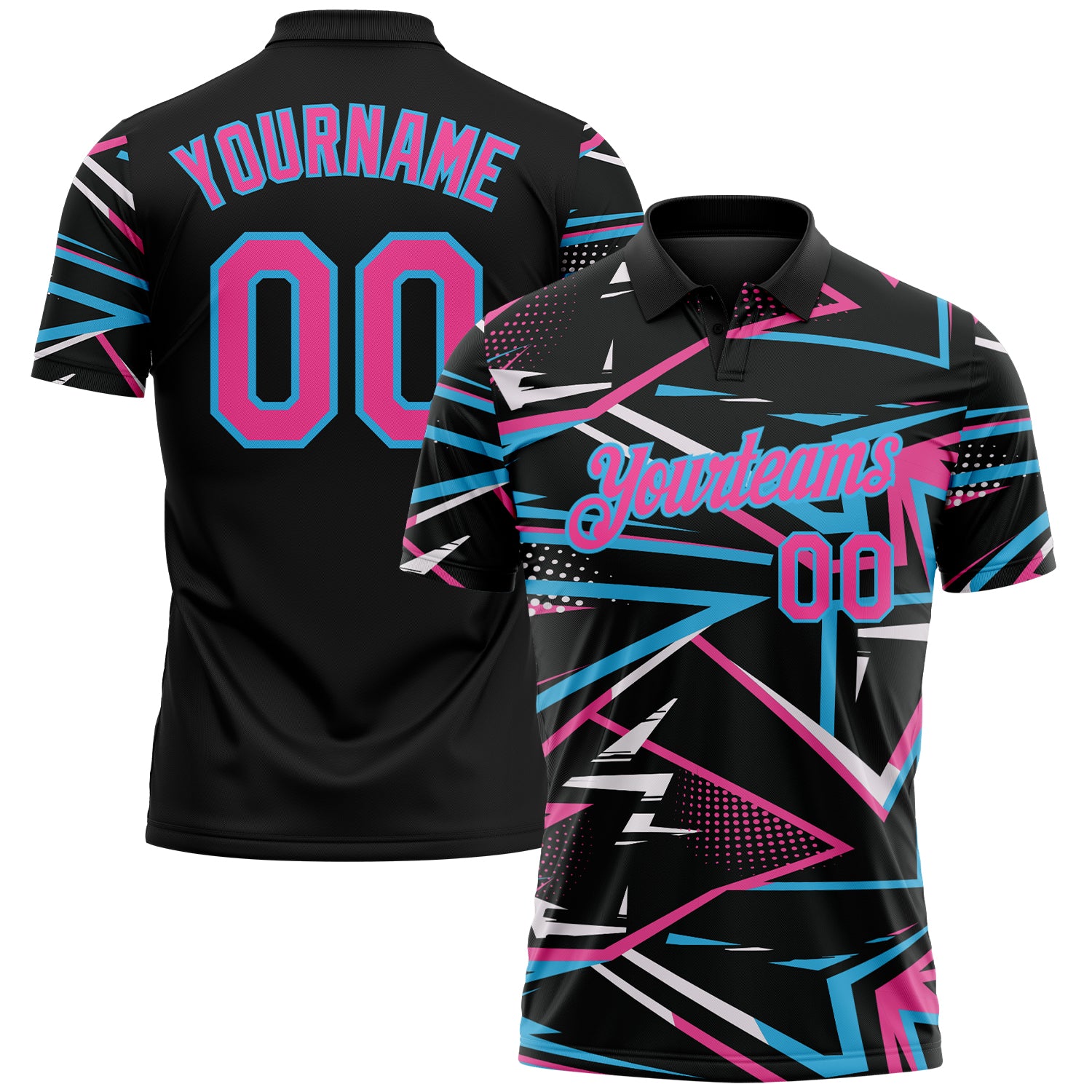 Custom Black Pink-Sky Blue Dynamic Geometric Shard Performance Polo Shirt