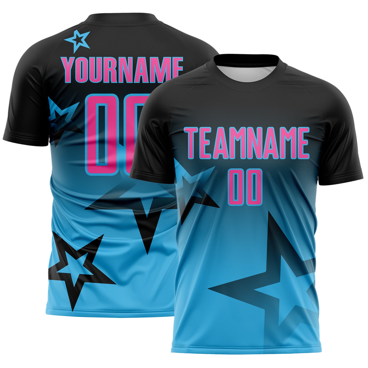 Custom Black Pink-Sky Blue Gradient Style Twinkle Star Sublimation Soccer Uniform Jersey