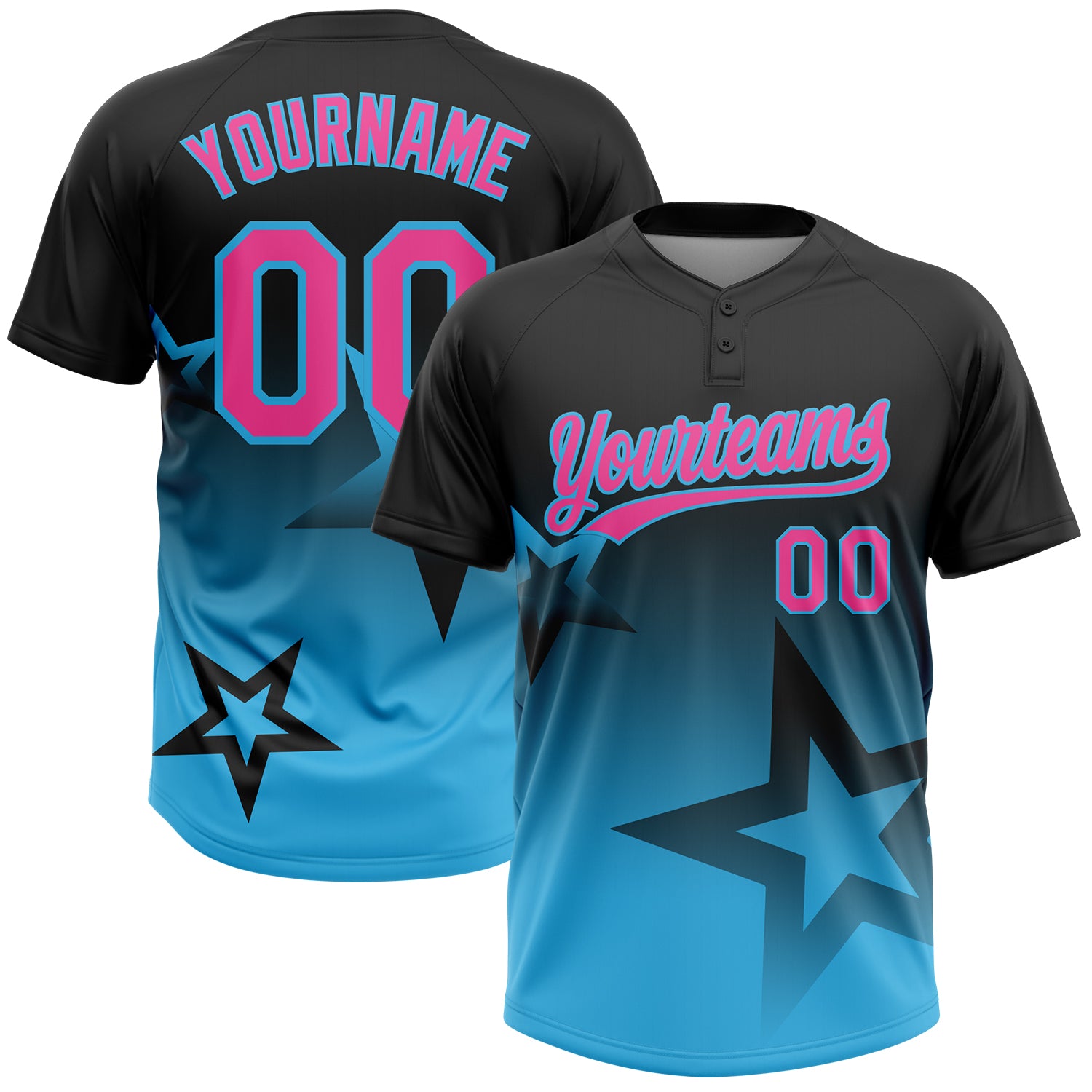 Custom Black Pink-Sky Blue Gradient Style Twinkle Star Two-Button Unisex Softball Jersey