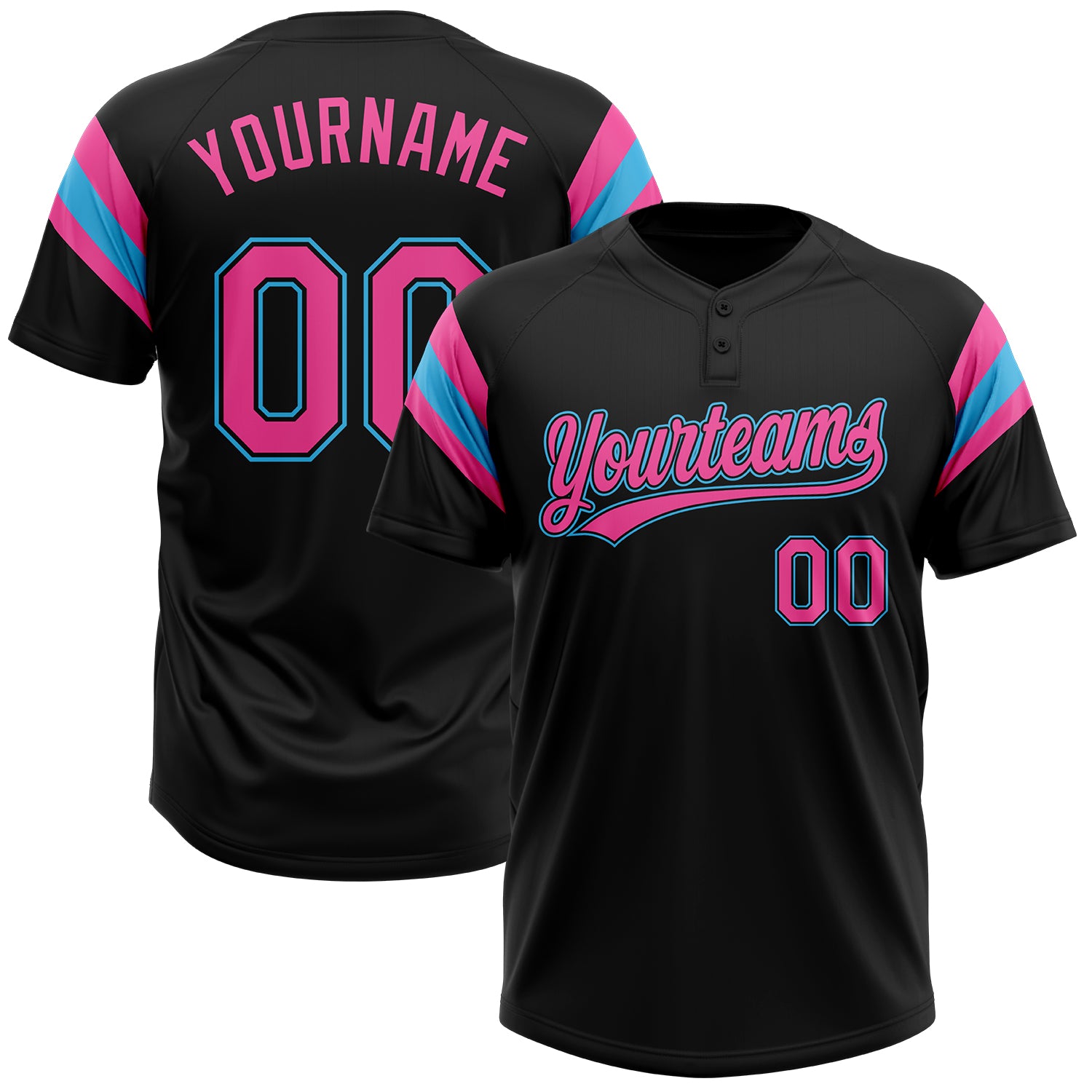 Custom Black Pink-Sky Blue Raglan Sleeves Stripes Two-Button Unisex Softball Jersey