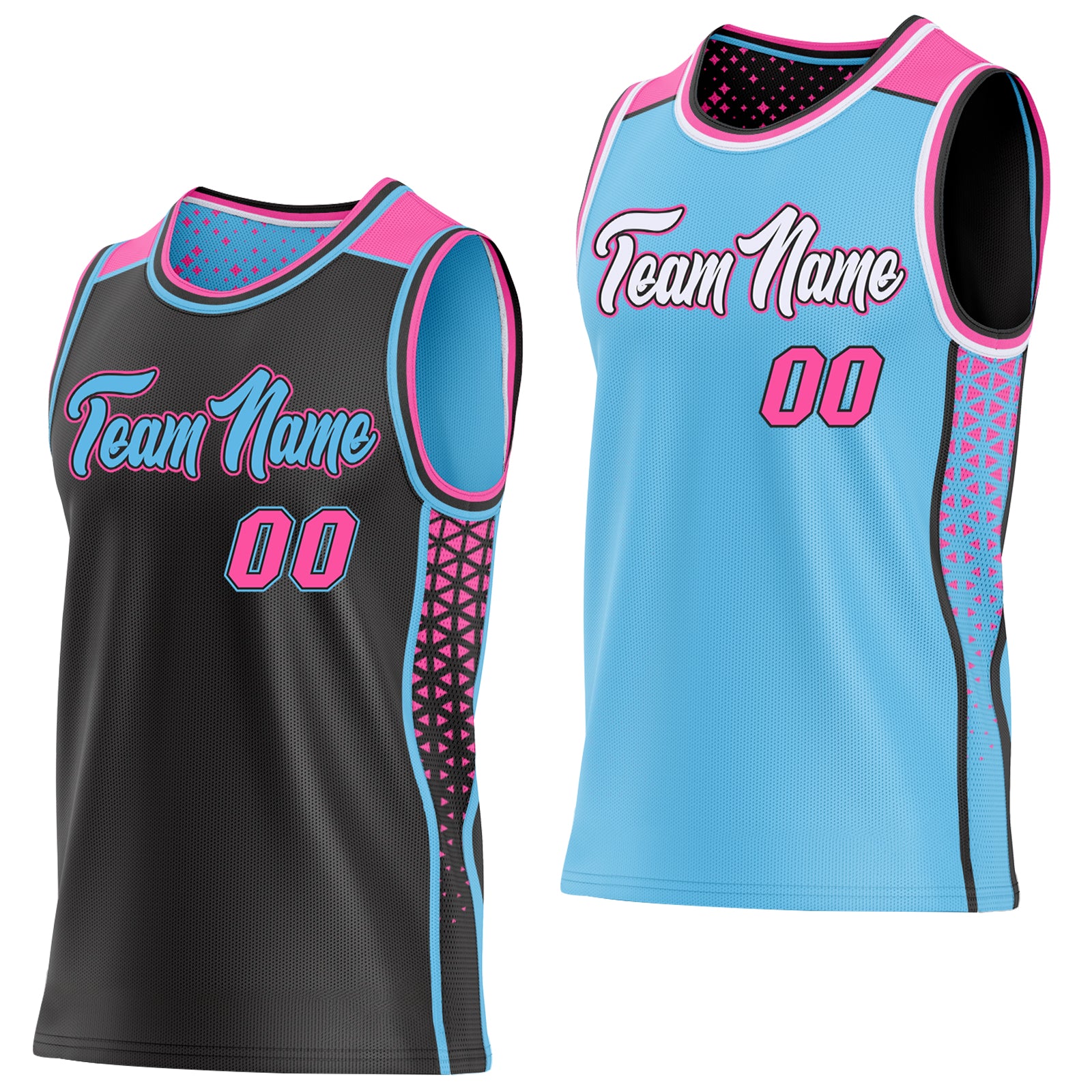 Custom Black Pink-Sky Blue Side Panel Stripe Geometric Triangle Gradient Dot Reversible Double Side Sublimation Basketball Set Jersey