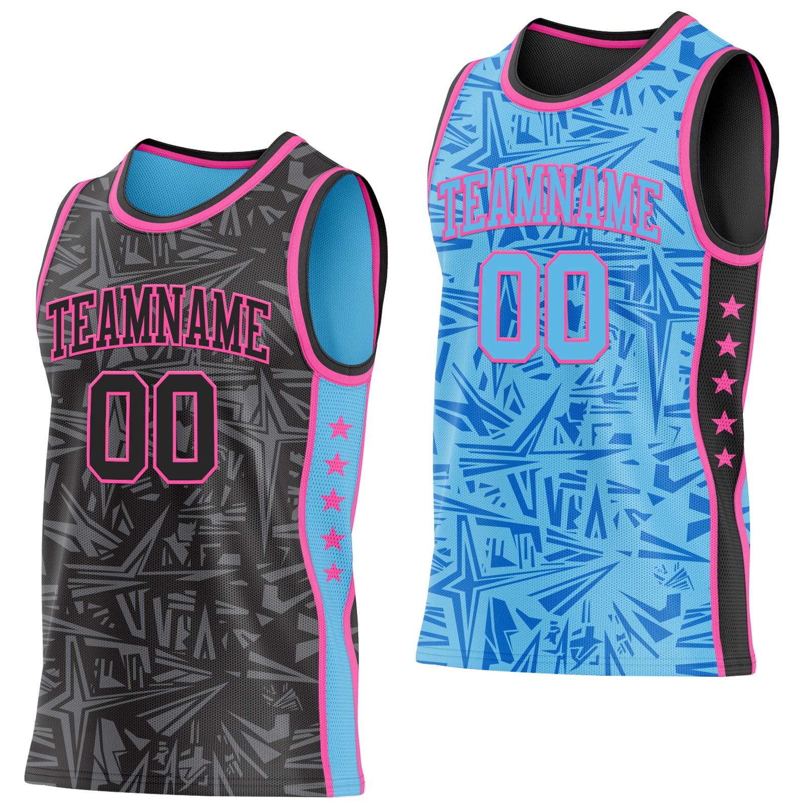 Custom Black Pink-Sky Blue Side Panel Stripe Stars Geometric Shatter Starburst Reversible Double Side Sublimation Basketball Set Jersey
