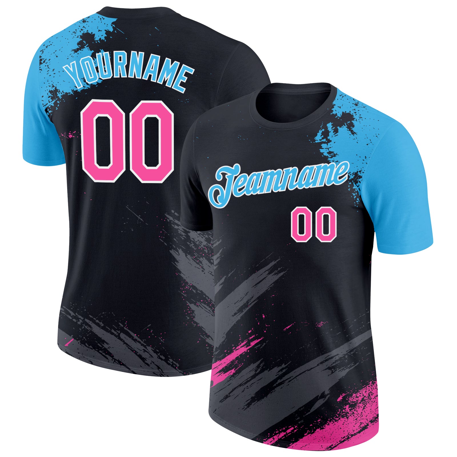 Custom Black Pink Sky Blue-White Abstract Brush Stroke Splatter Performance T-Shirt