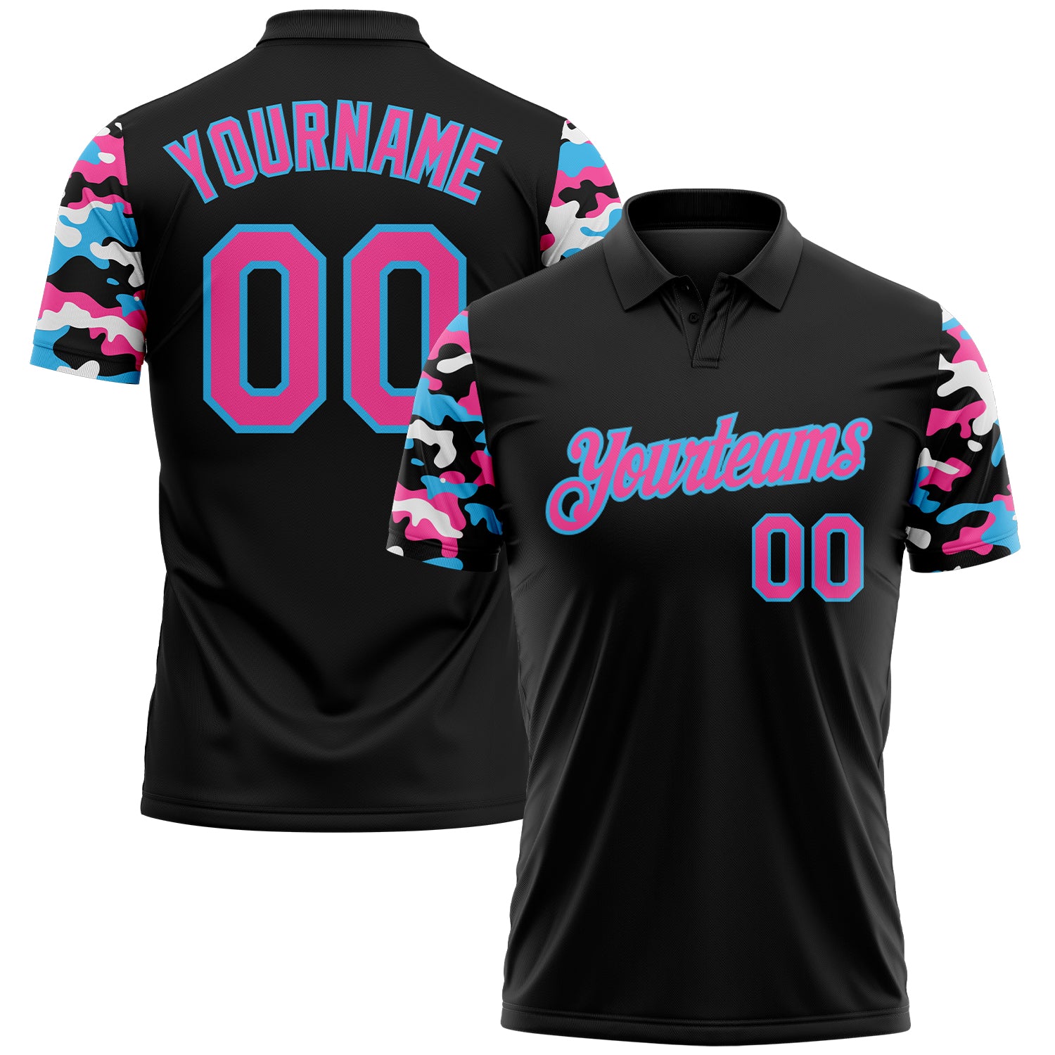 Custom Black Pink Sky Blue-White Digital Camo Two Tone Performance Polo Shirt