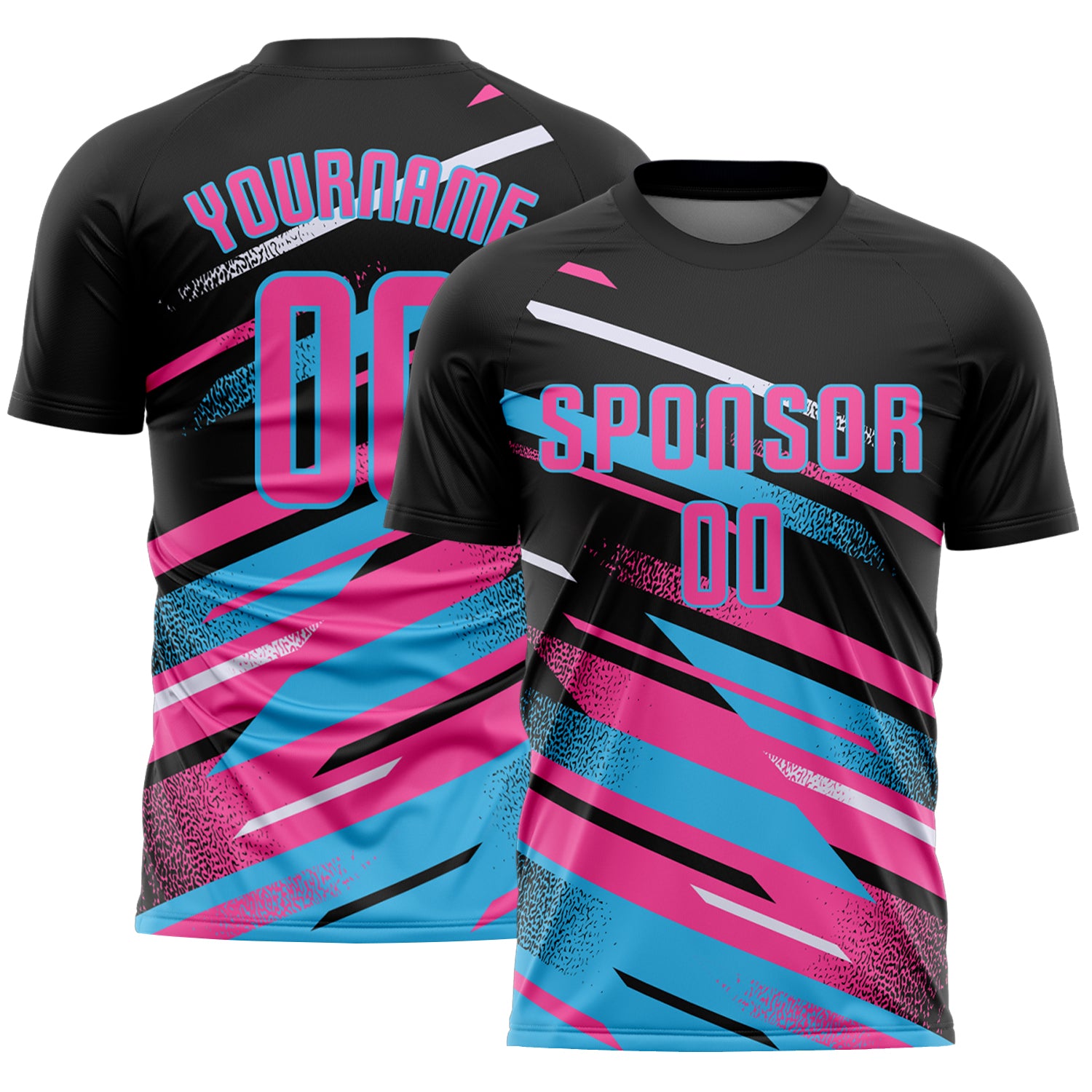 Custom Black Pink Sky Blue-White Grunge Stripe And Grainy Sports Sublimation Soccer Uniform Jersey