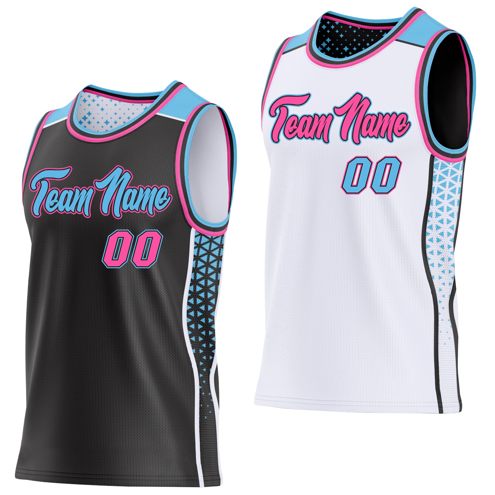 Custom Black Pink Sky Blue-White Side Panel Stripe Geometric Triangle Gradient Dot Reversible Double Side Sublimation Basketball Set Jersey