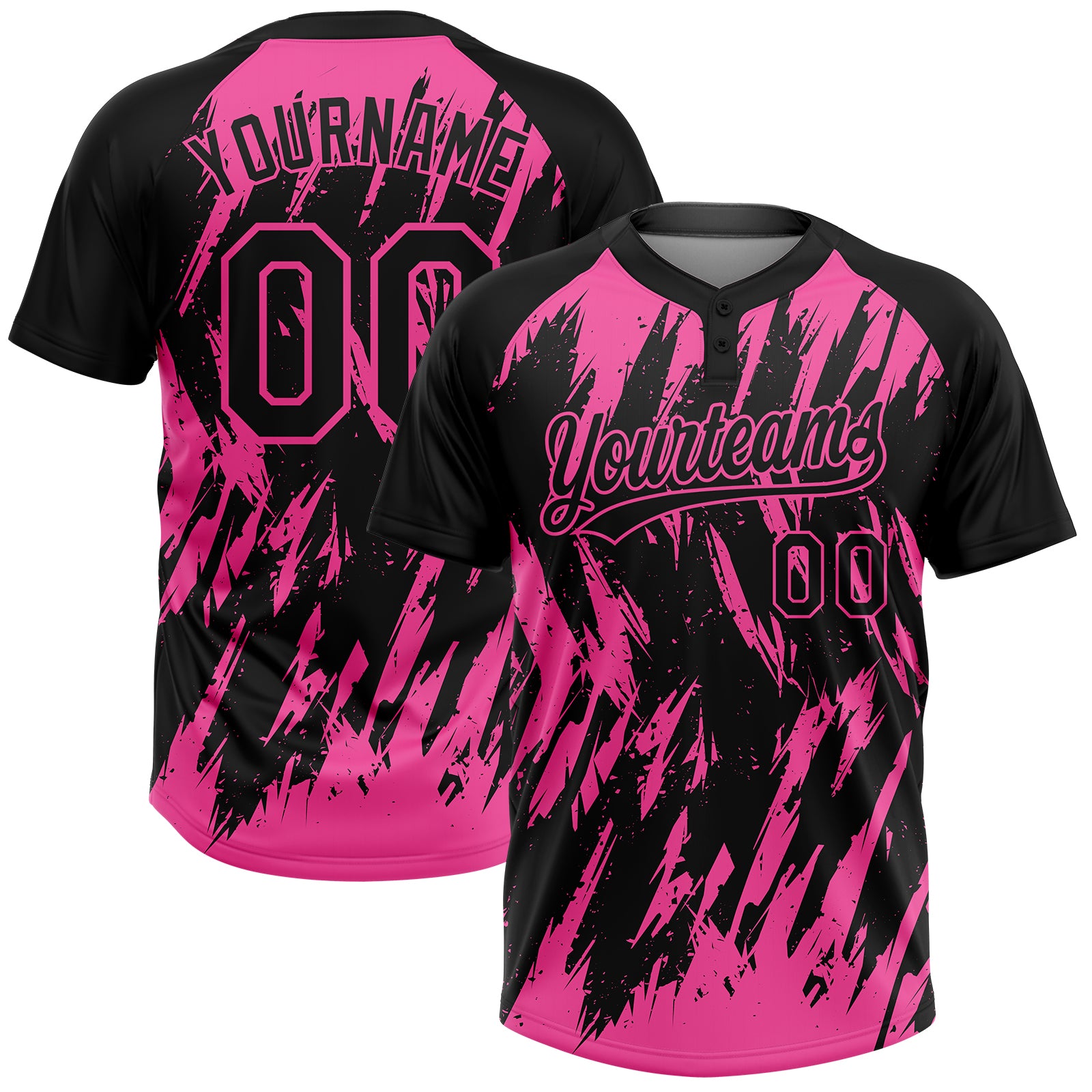 Custom Black Pink Splatter Torn Sharp Brush Stroke Two-Button Unisex Softball Jersey