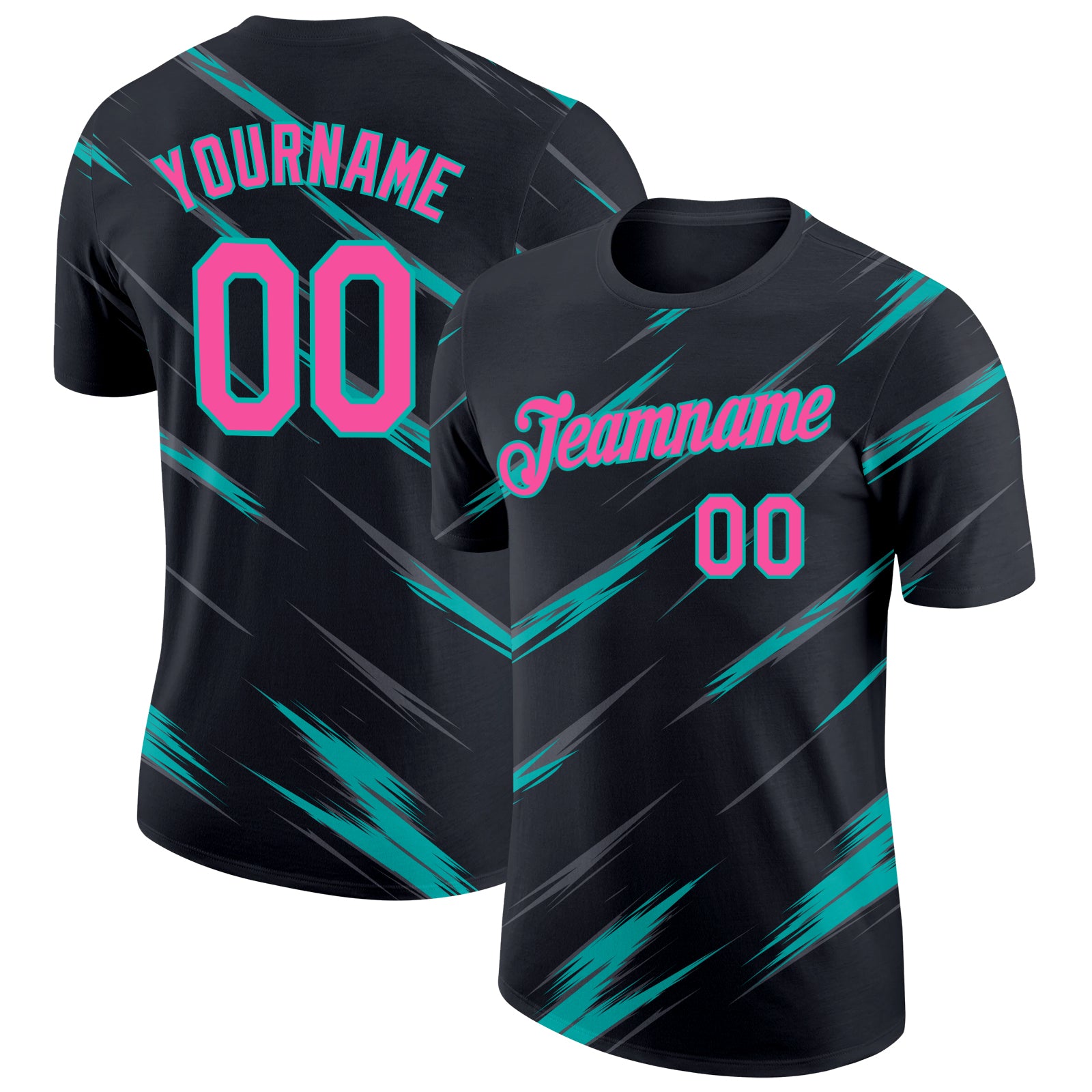Custom Black Pink Steel Gray-Aqua Abstract Brush Stroke Performance T-Shirt