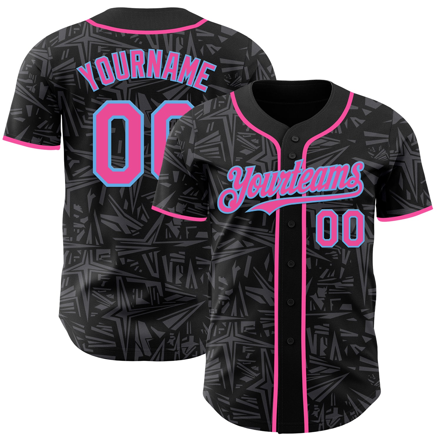 Custom Black Pink Steel Gray-Sky Blue Geometric Cyber Starburst Authentic Baseball Jersey