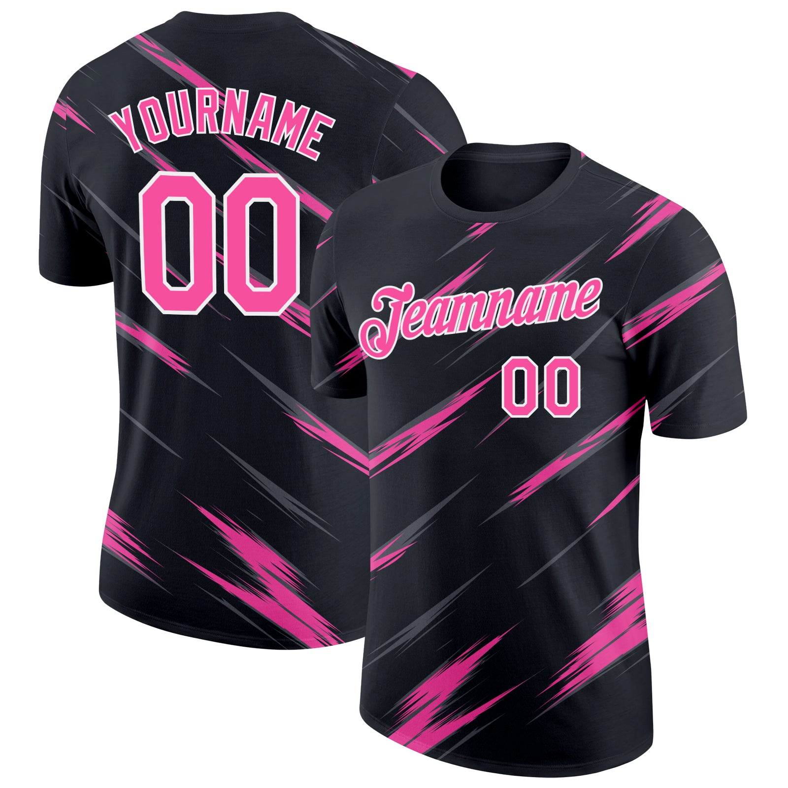 Custom Black Pink Steel Gray-White Abstract Brush Stroke Performance T-Shirt
