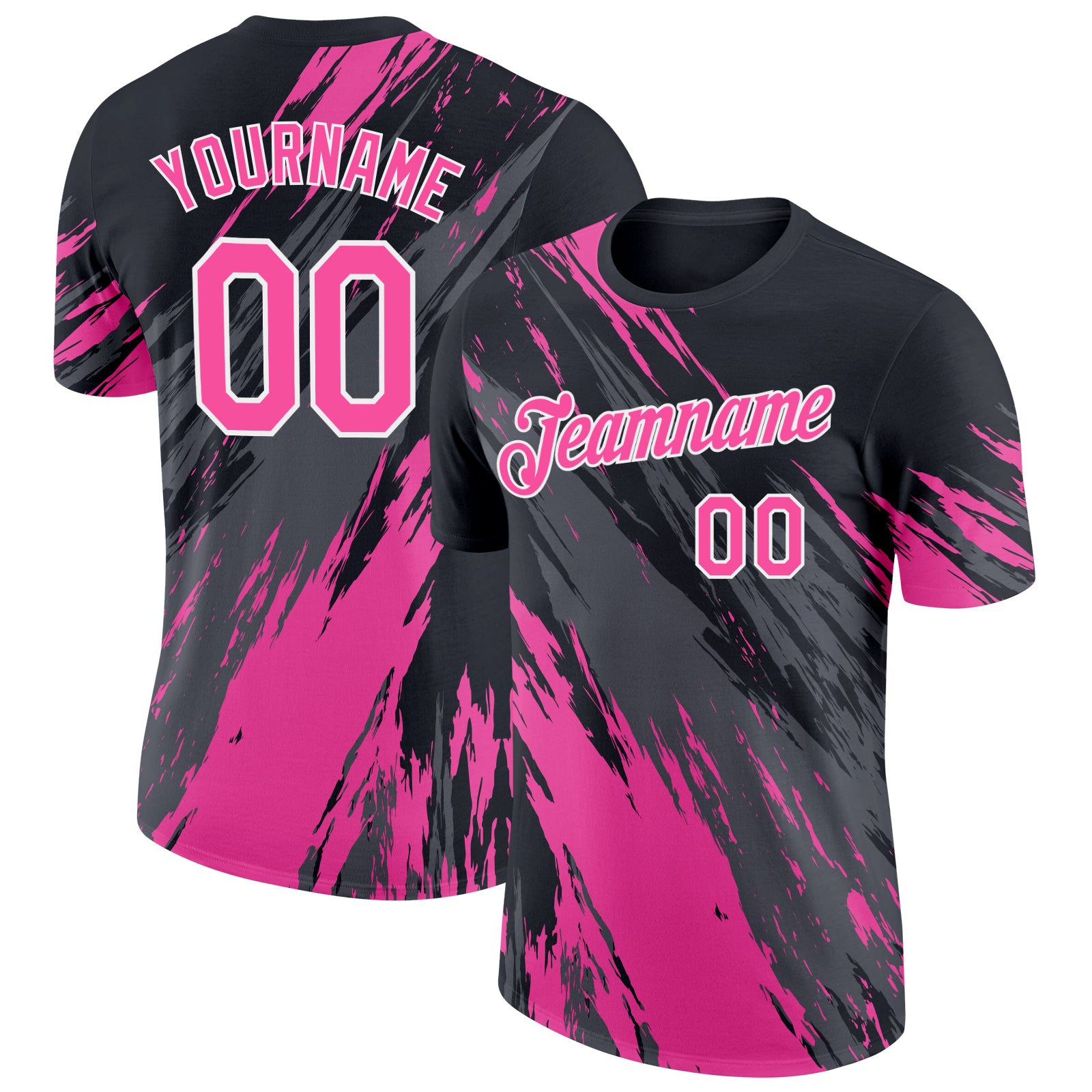 Custom Black Pink Steel Gray-White Abstract Brush Stroke Splatter Performance T-Shirt