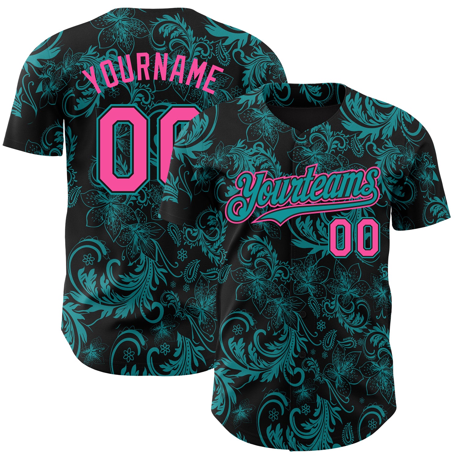Custom Black Pink-Teal 3D Pattern Design Flower Authentic Baseball Jersey