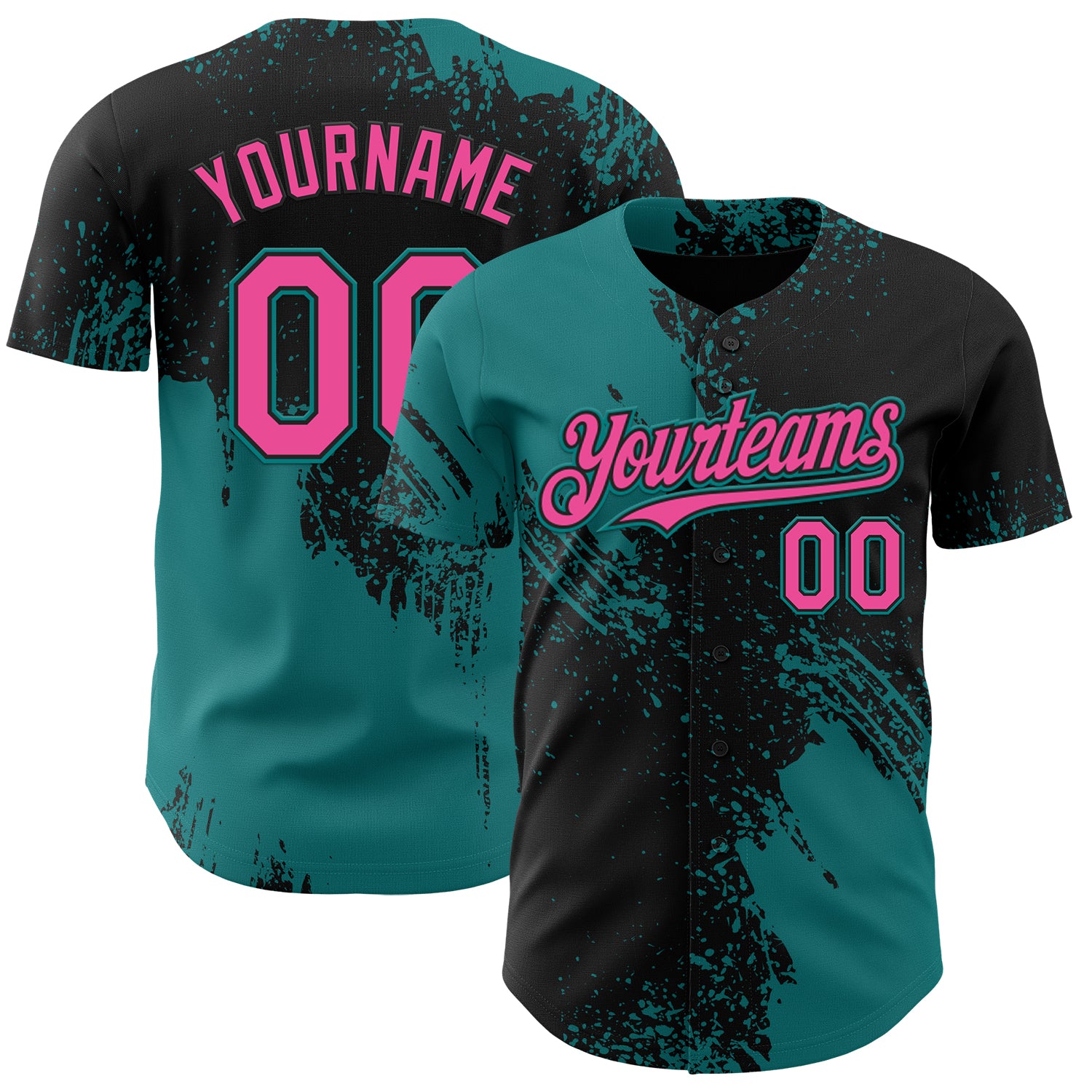 Custom Black Pink-Teal Abstract Brush Stroke Authentic Baseball Jersey