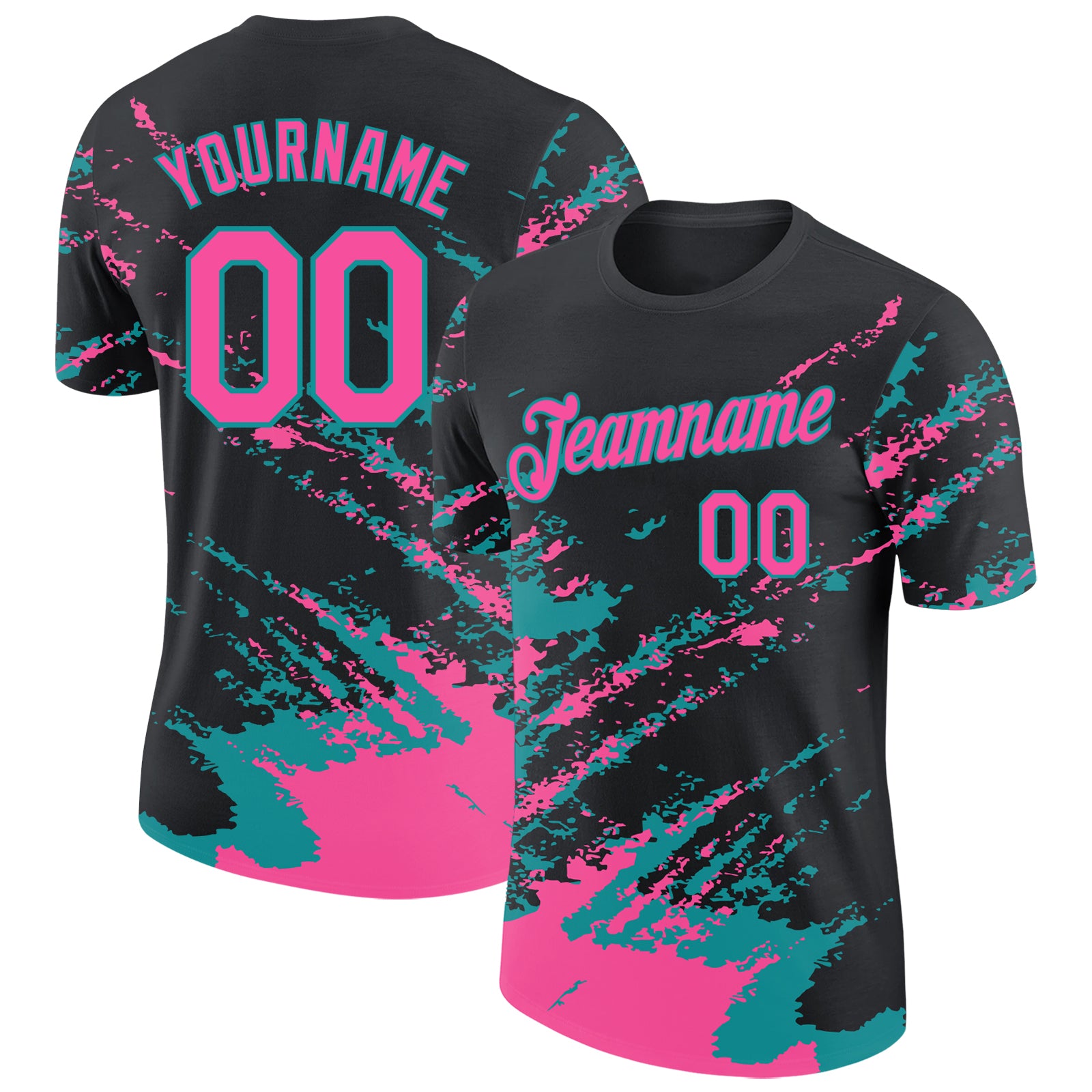 Custom Black Pink-Teal Brush Stroke Shatter Splatter Performance T-Shirt