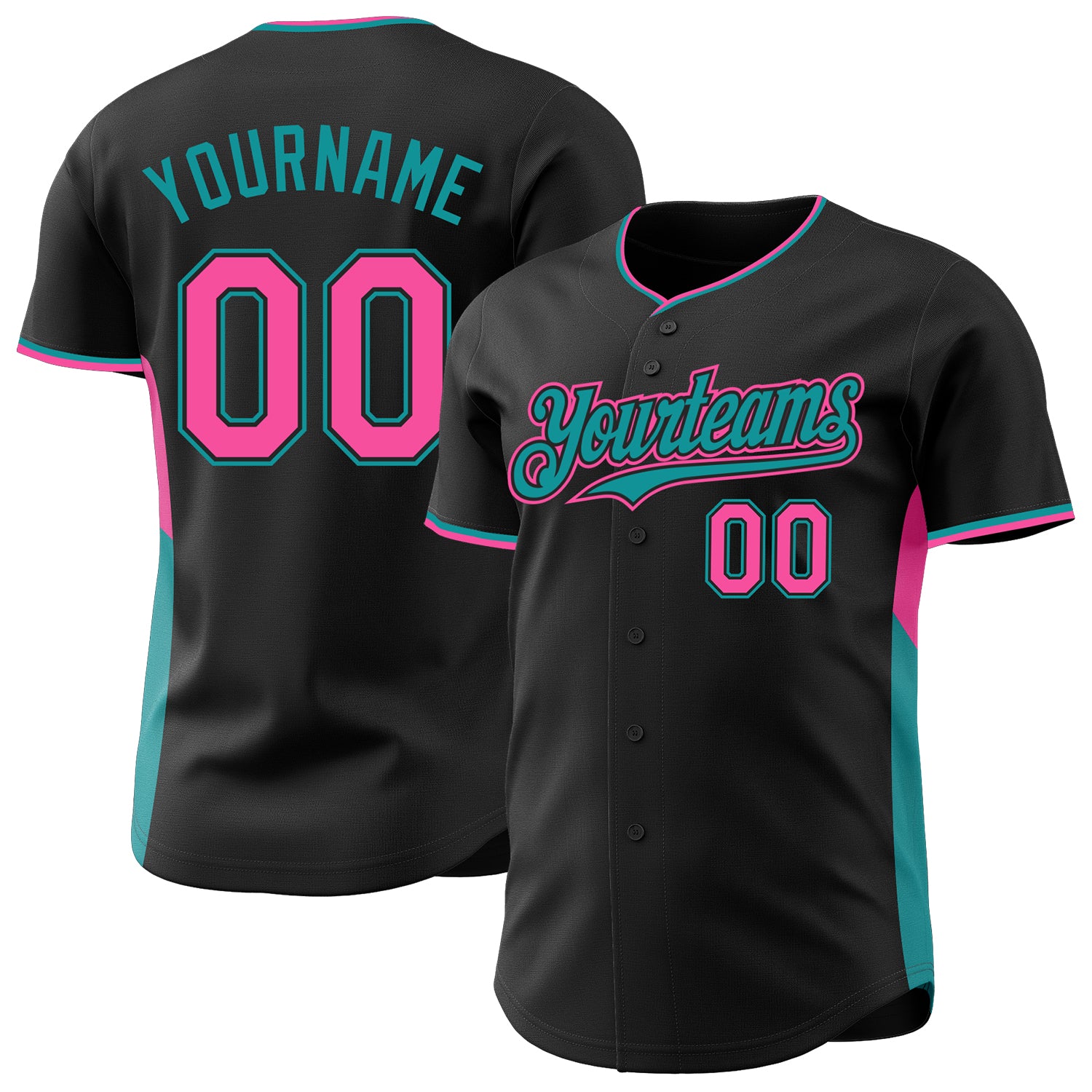 Custom Black Pink-Teal Classic Color Block Side Panel Stripe Authentic Baseball Jersey