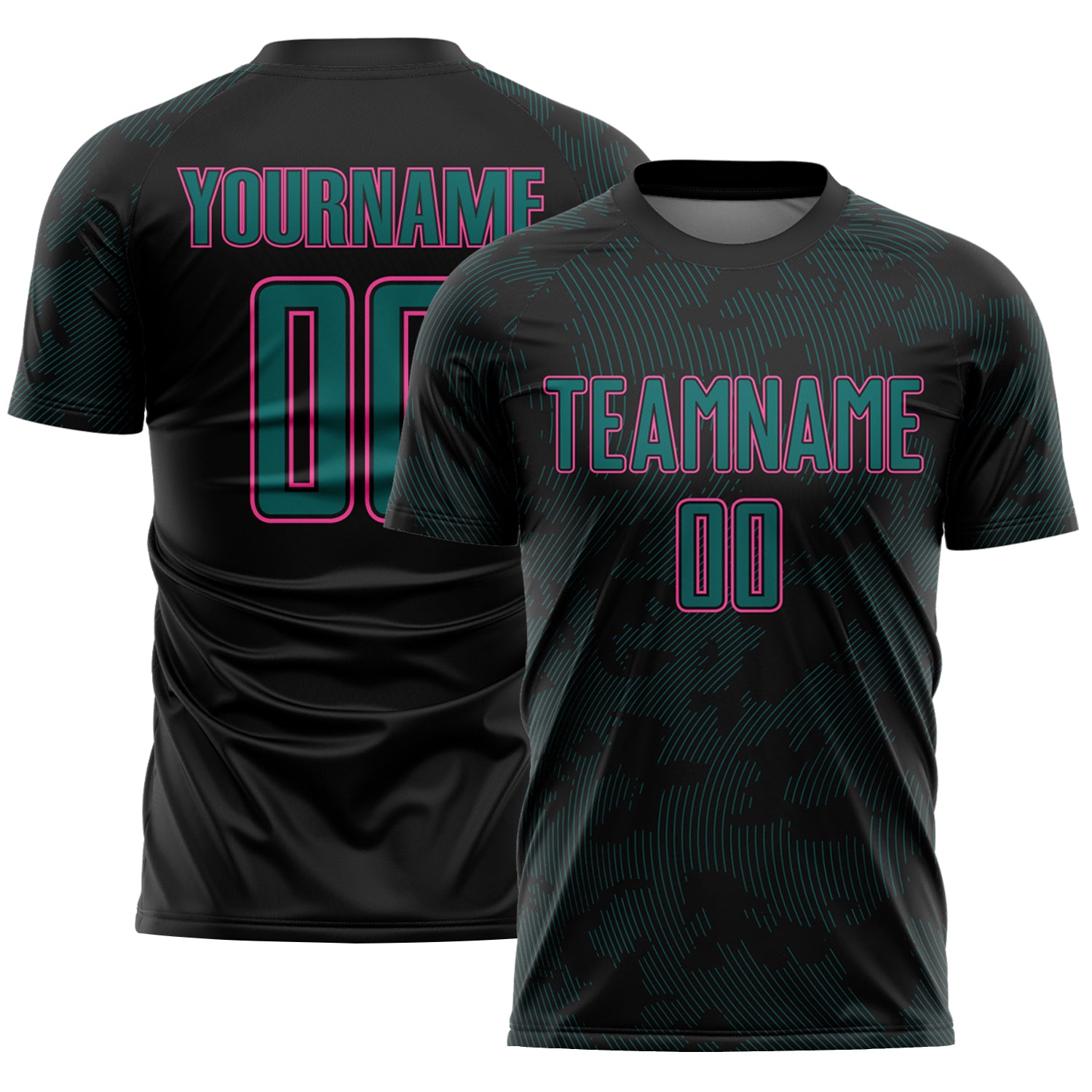 Custom Black Pink-Teal Curve Lines Sublimation Soccer Uniform Jersey