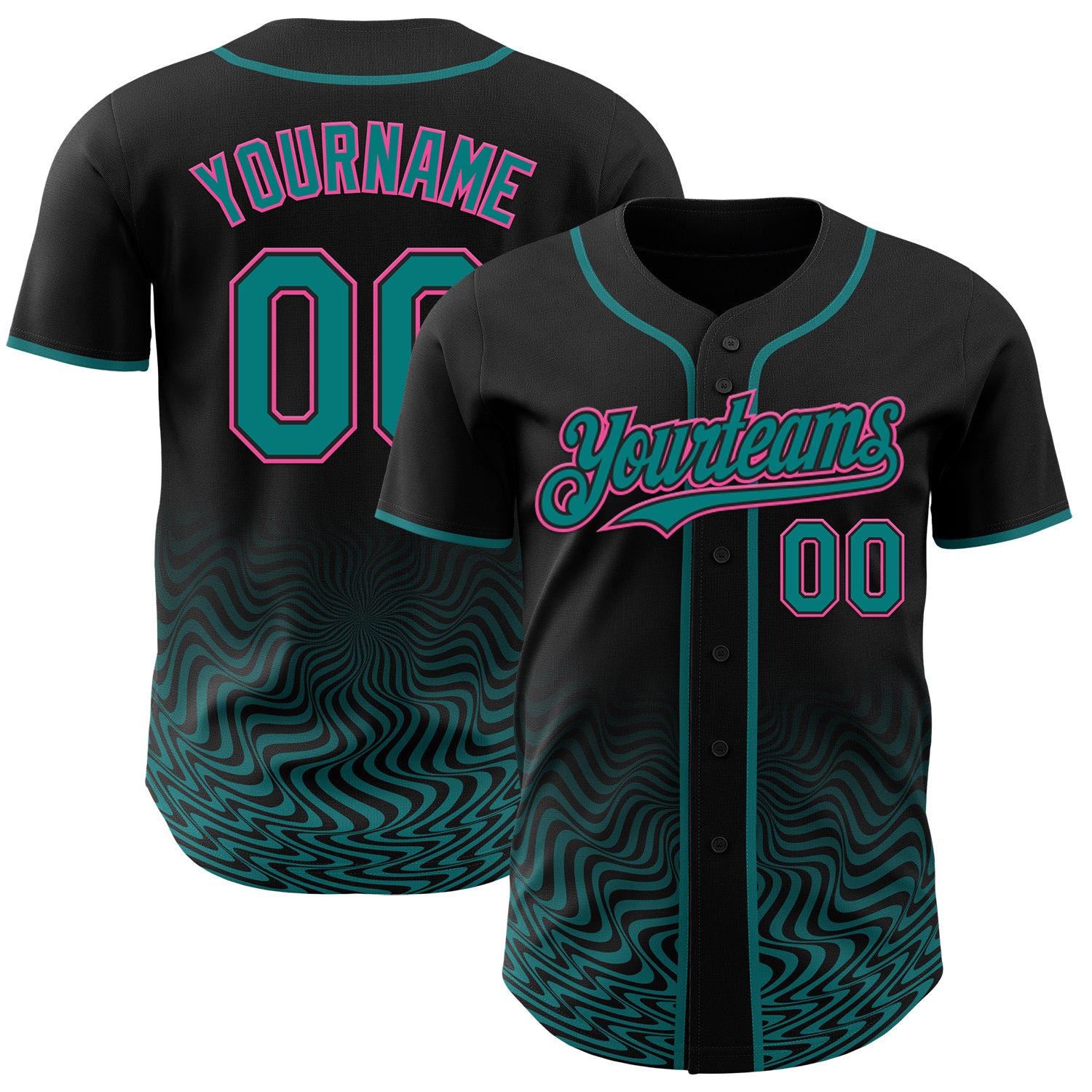 Custom Black Pink-Teal Fluid Wave Psychedelic Swirl Authentic Baseball Jersey
