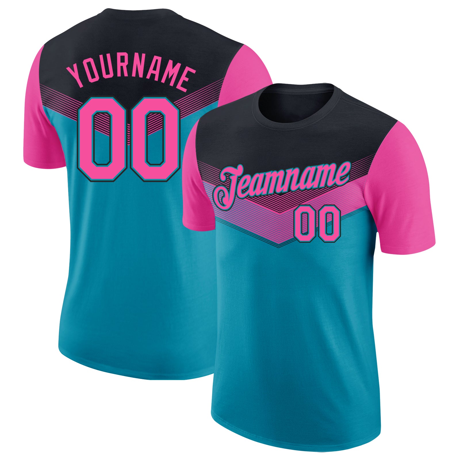 Custom Black Pink-Teal Geometric V-Lines Color Block Performance T-Shirt