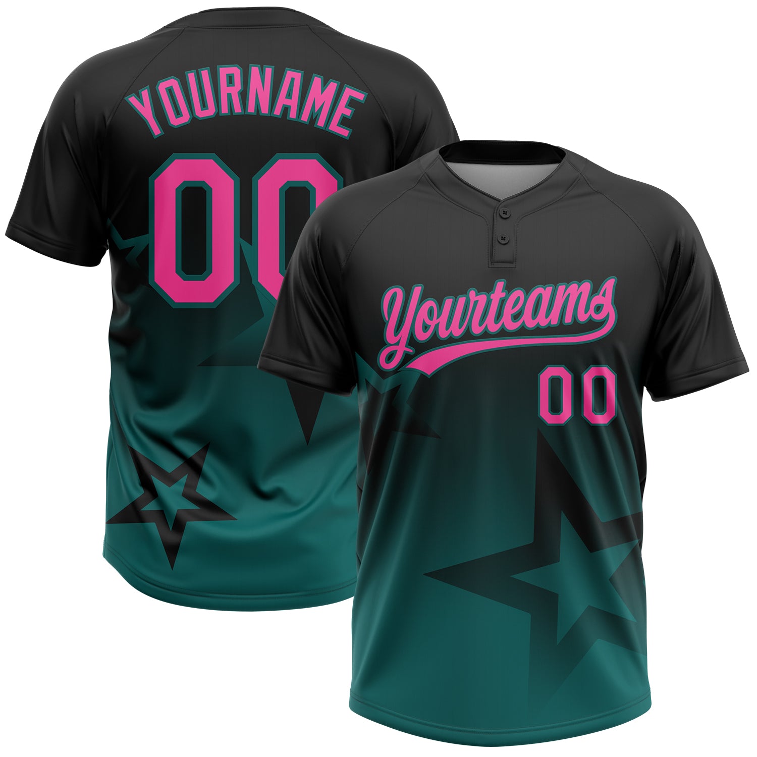 Custom Black Pink-Teal Gradient Style Twinkle Star Two-Button Unisex Softball Jersey