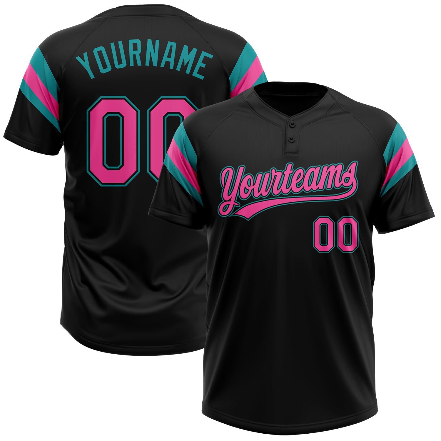 Custom Black Pink-Teal Raglan Sleeves Stripes Two-Button Unisex Softball Jersey