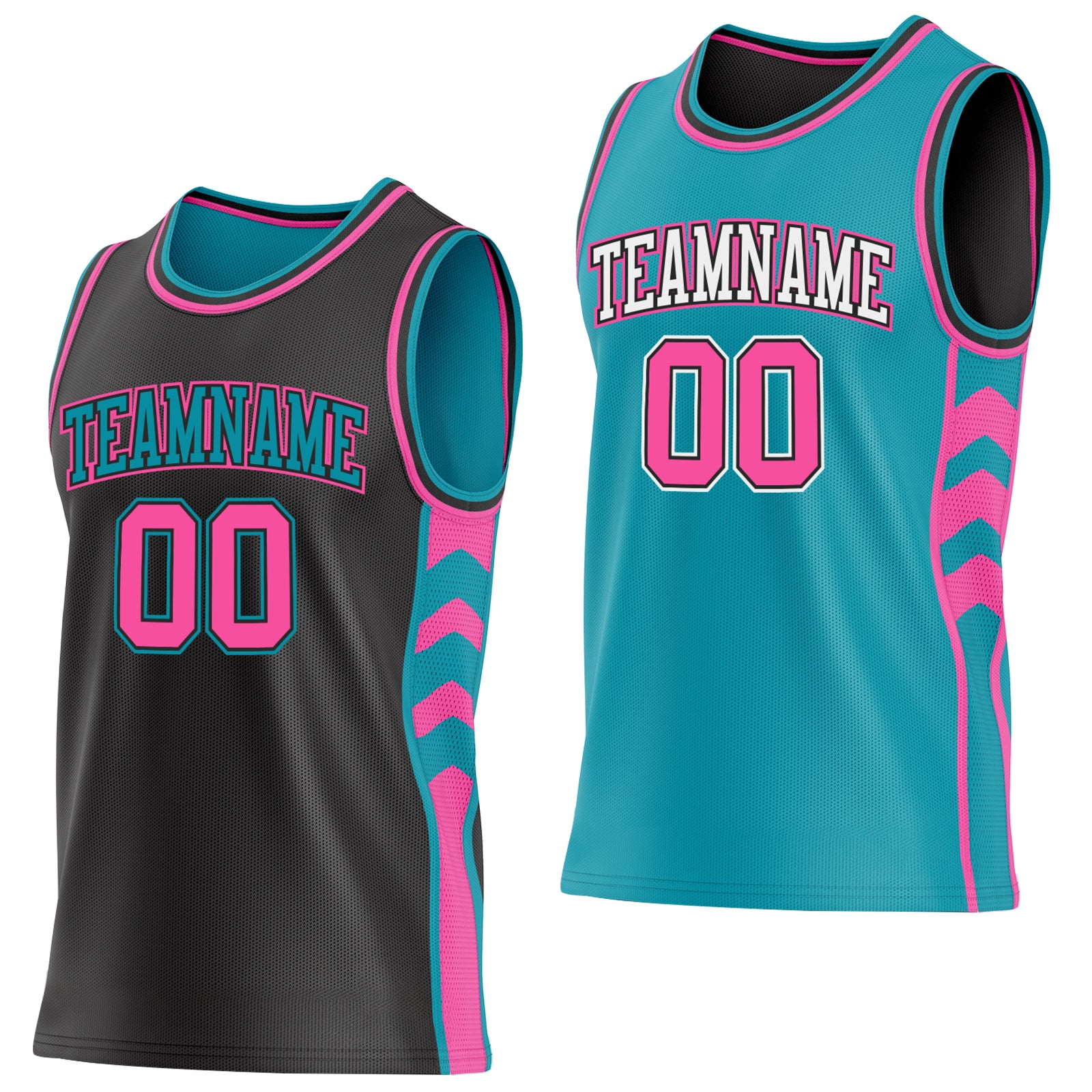 Custom Black Pink-Teal Side Panel Geometric Chevron Reversible Double Side Sublimation Basketball Set Jersey