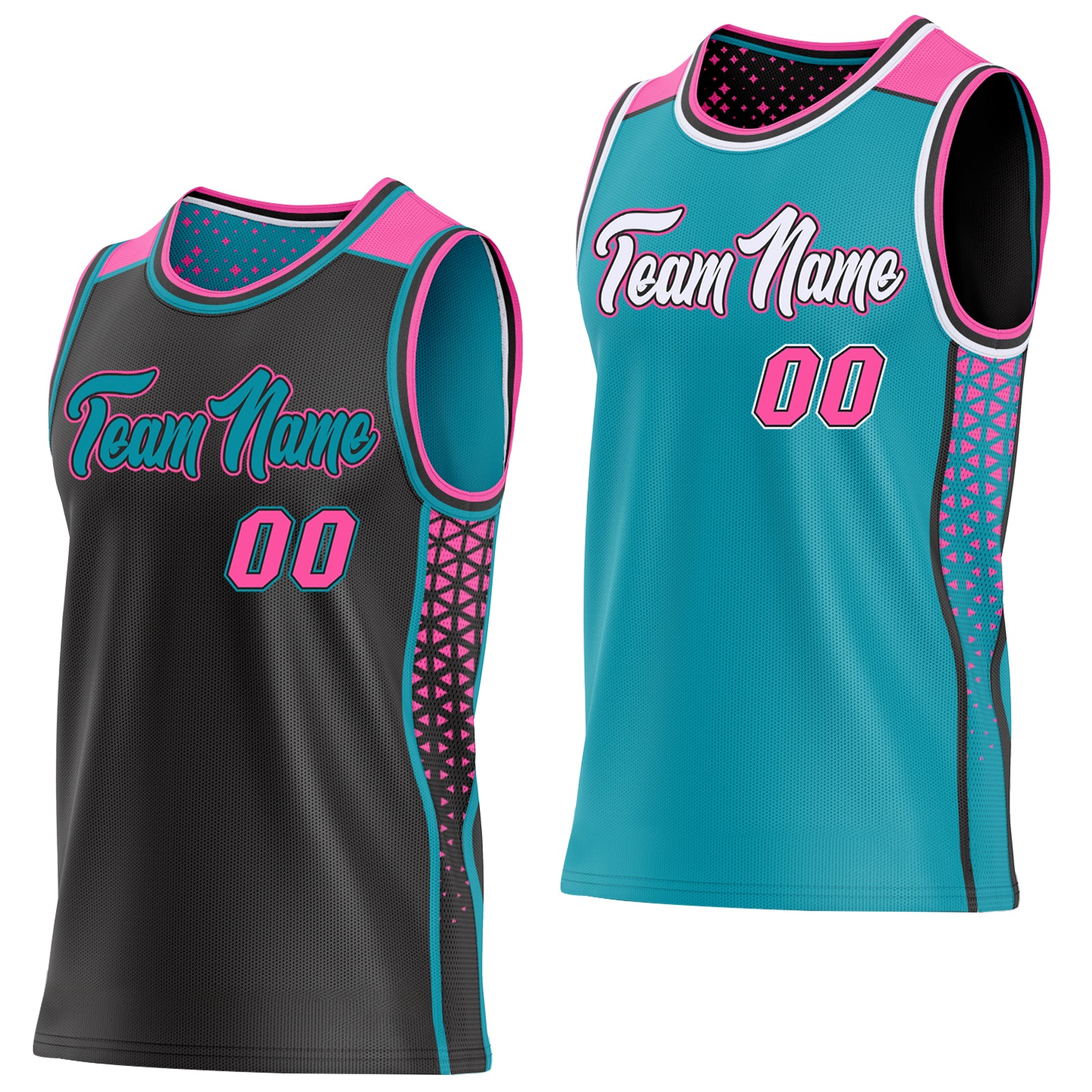 Custom Black Pink-Teal Side Panel Stripe Geometric Triangle Gradient Dot Reversible Double Side Sublimation Basketball Set Jersey