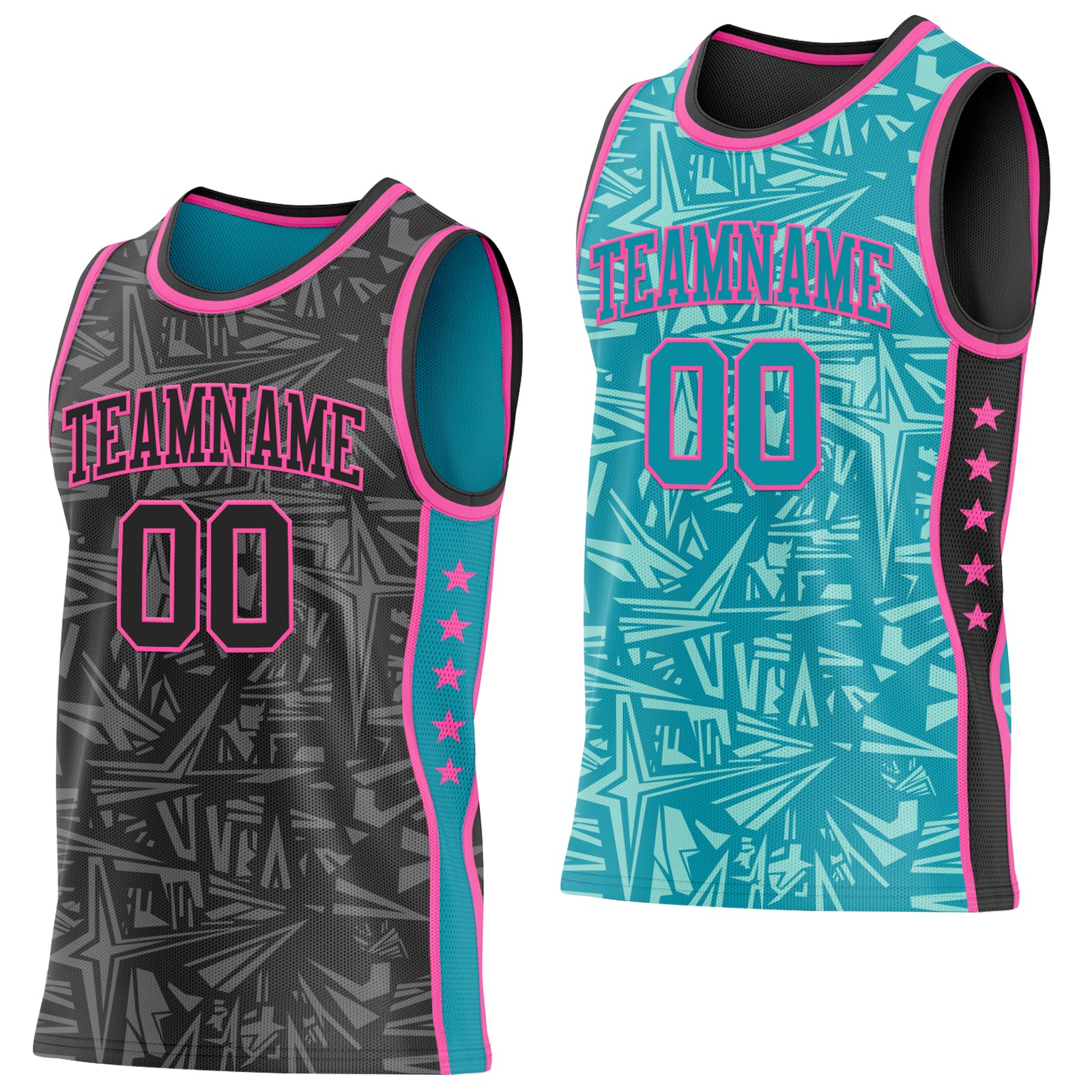 Custom Black Pink-Teal Side Panel Stripe Stars Geometric Shatter Starburst Reversible Double Side Sublimation Basketball Set Jersey