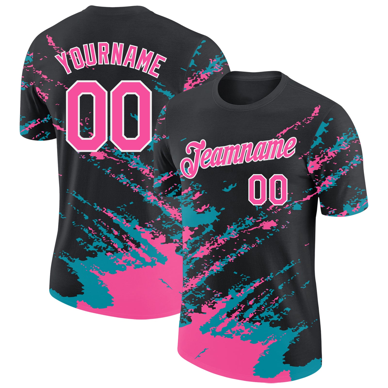 Custom Black Pink Teal-White Brush Stroke Shatter Splatter Performance T-Shirt