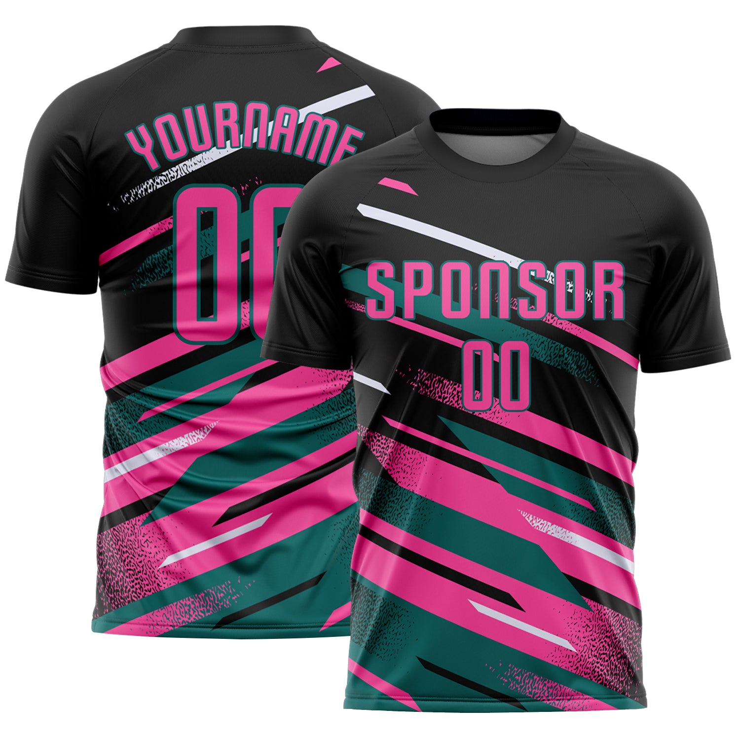 Custom Black Pink Teal-White Grunge Stripe And Grainy Sports Sublimation Soccer Uniform Jersey