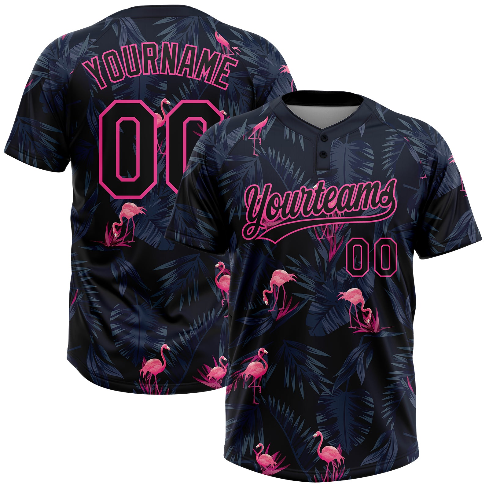 Custom Black Pink Tropical Hawaii Palm Leaves And Flamingo Two-Button Unisex Softball Jersey