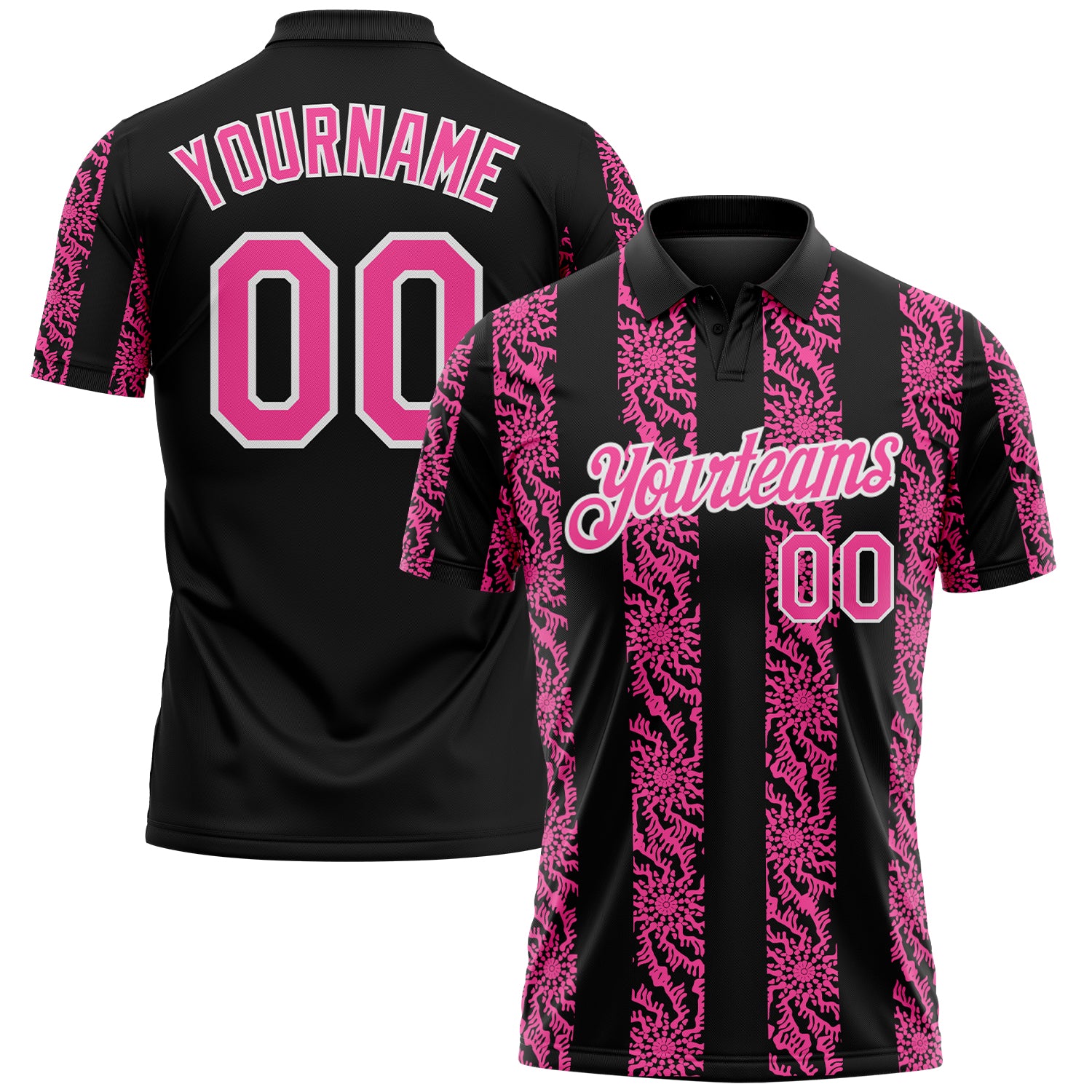 Custom Black Pink-White 3D Pattern Abstract Floral Stripe Tribal Performance Polo Shirt