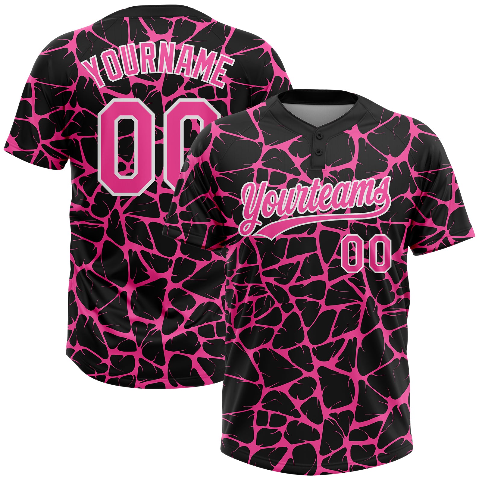 Custom Black Pink-White 3D Pattern Design Abstract Network Crackle Two-Button Unisex Softball Jersey