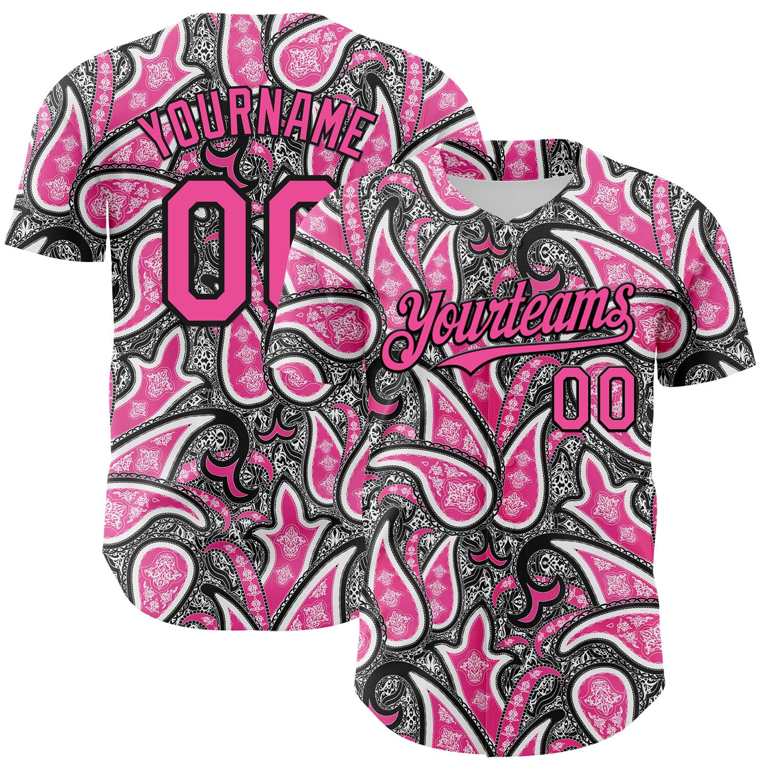 Custom Black Pink-White 3D Pattern Design Rave Party Ethnic Paisley Bandana Authentic Baseball Jersey