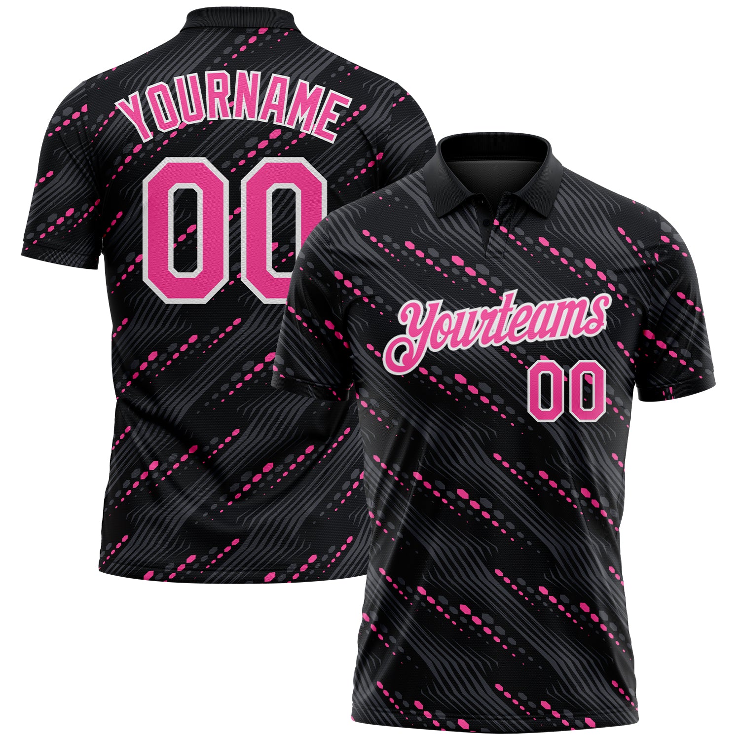 Custom Black Pink-White 3D Pattern Slant Lines Cyber Mecha Tech Performance Polo Shirt