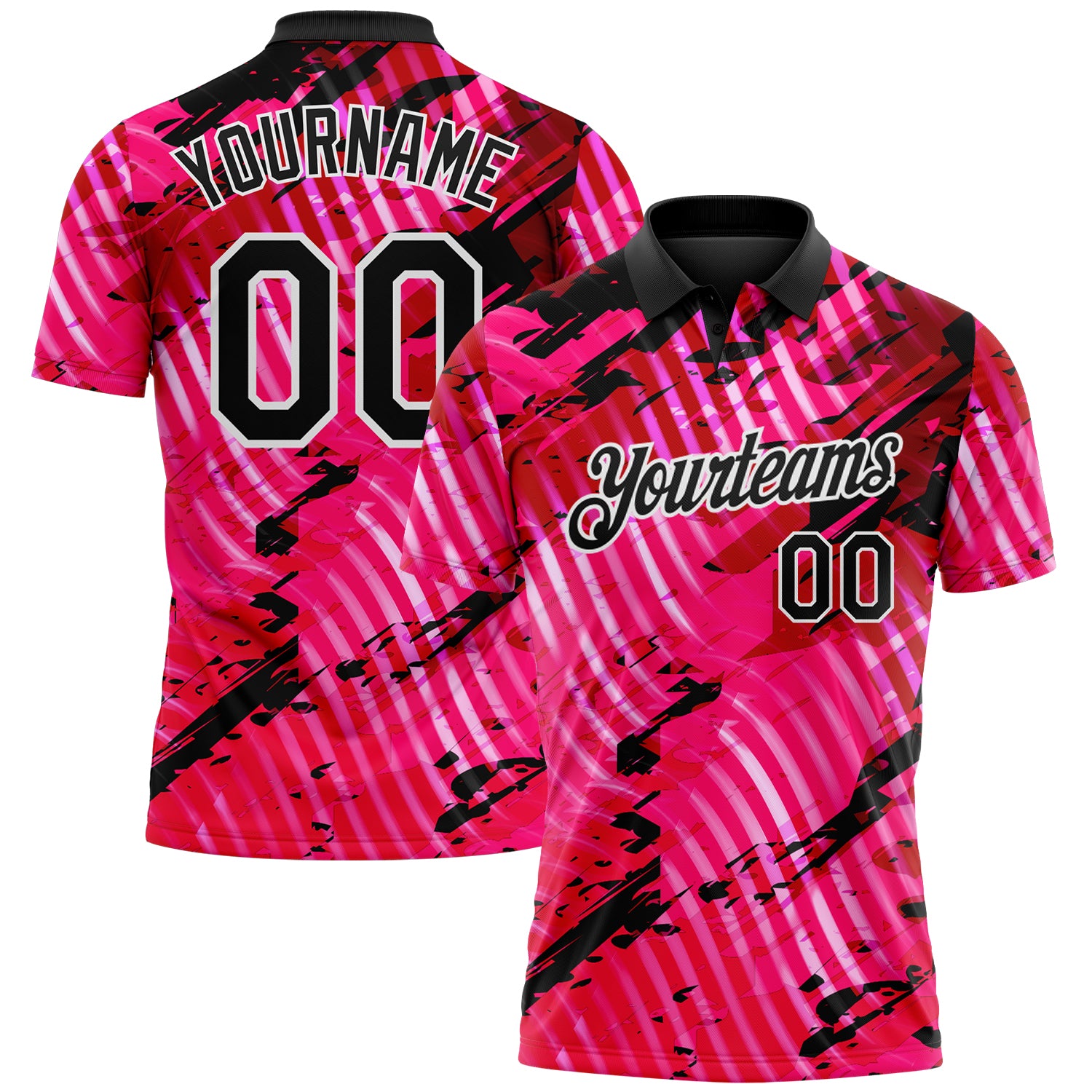 Custom Black Pink-White Abstract Grunge Splatter Diagonal Stripe Performance Polo Shirt
