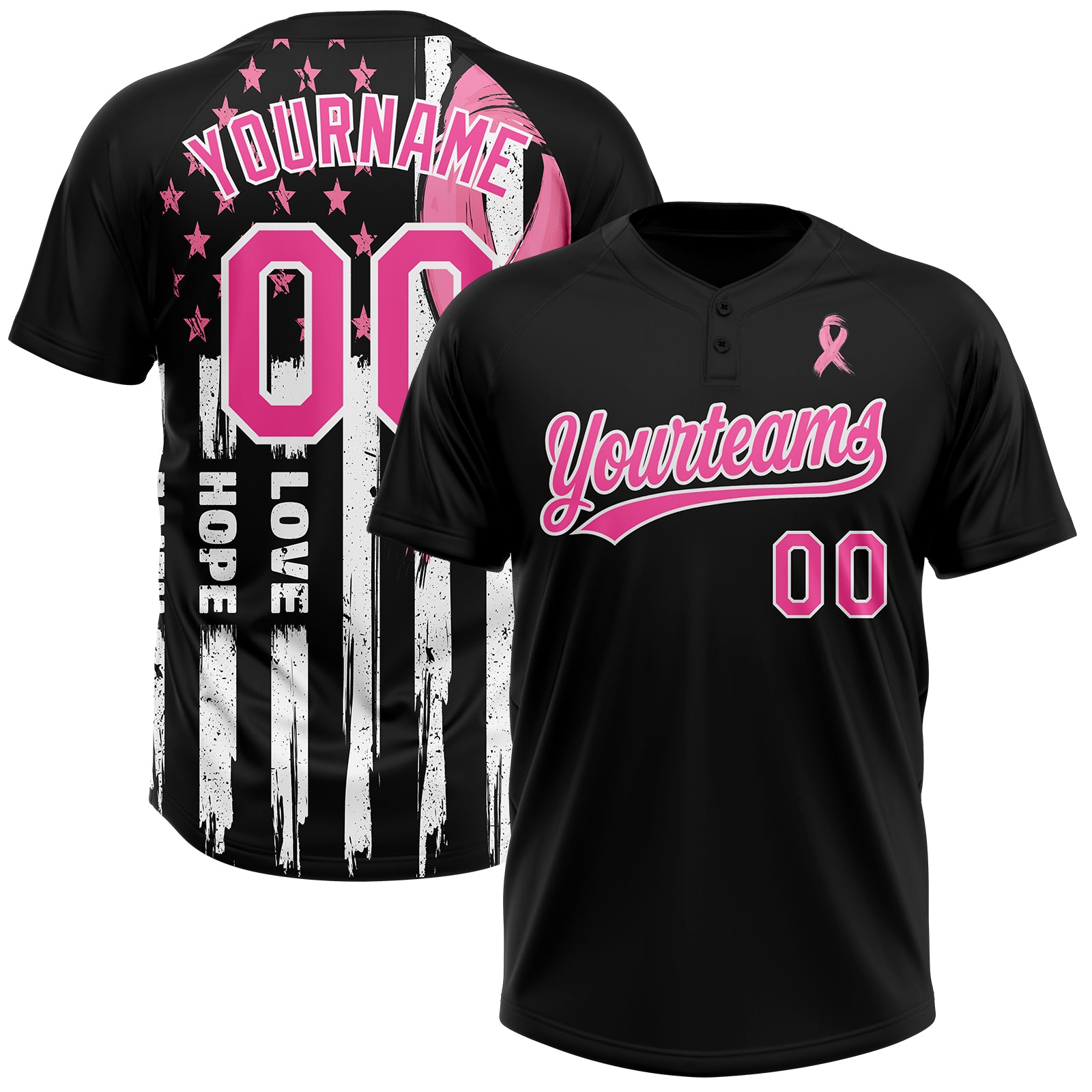 Custom Black Pink-White American Flag With Pink Ribbon Breast Cancer Awareness Month Women Health Care Support Two-Button Unisex Softball Jersey