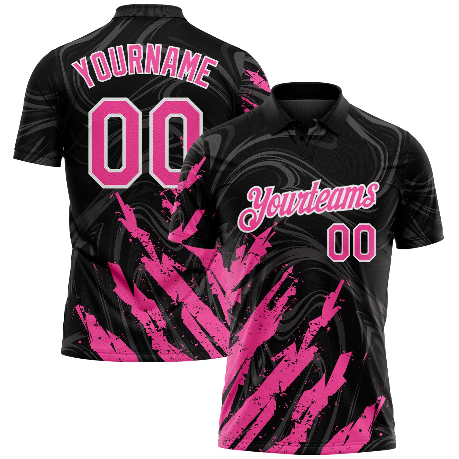 Custom Black Pink-White Brush Stroke Splatter Liquid Swirl Performance Polo Shirt